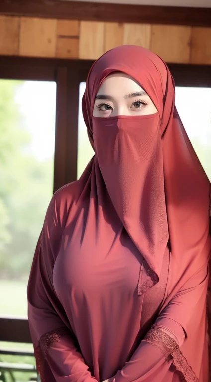 a beautiful young woman hijab, ((( full body naked ))), (breast uncovered) perfect face, (((beautiful big breast,))), (((no bra))) taut crimson red micro dress muslim, (((covering mouth, taut veil))), Slim Face、10 years old, stil young, Pretty Lady, smile eyes, open leg in bedroom, sensual pose ( naked ) , see full image,