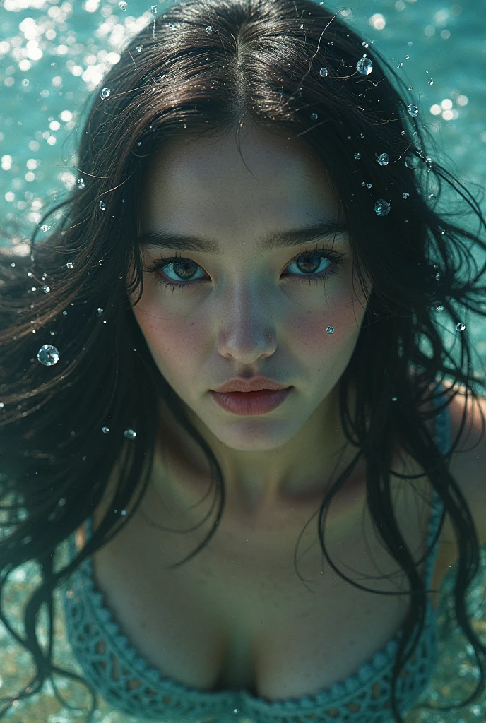 High definition RAW color photo professional, Highly detailed face: 1.4, Detailed portrait of a woman in a long flowing dress floating underwater, Nymph Style, Amazing underwater, Detailed skin, Wet clothes, Wet Hair, See-through clothing, shade, Tidal effect, Lens flare, Lens flare, Backlight, Bokeh