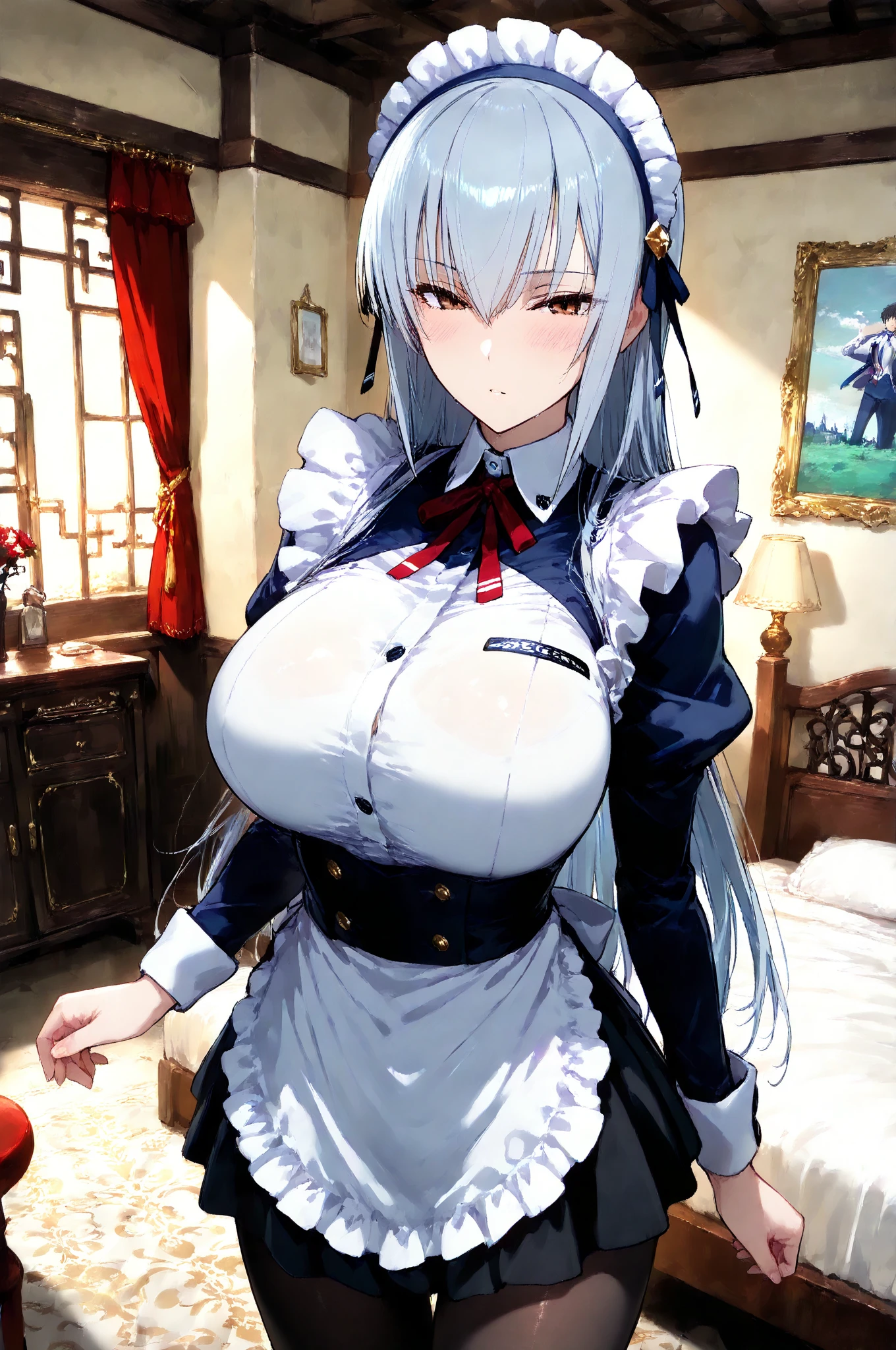 (Striped Hair, Messy Hair, Big Hair), (Expressive hair), Lolita Hairband, Cinema Lighting, (Bust Chart), First Person View, Ultra-high resolution, (((masterpiece, Textured skin))), (Super Detail), Attention to detail, high quality, ((最high quality)), 16K, Gothic Costume, Upturned eyes, cute, Frill dress, At the cafe,Long silver hair,blue eyes, (Big Breasts:1.7),,(((Nipples))),corset,Fine Jewelry