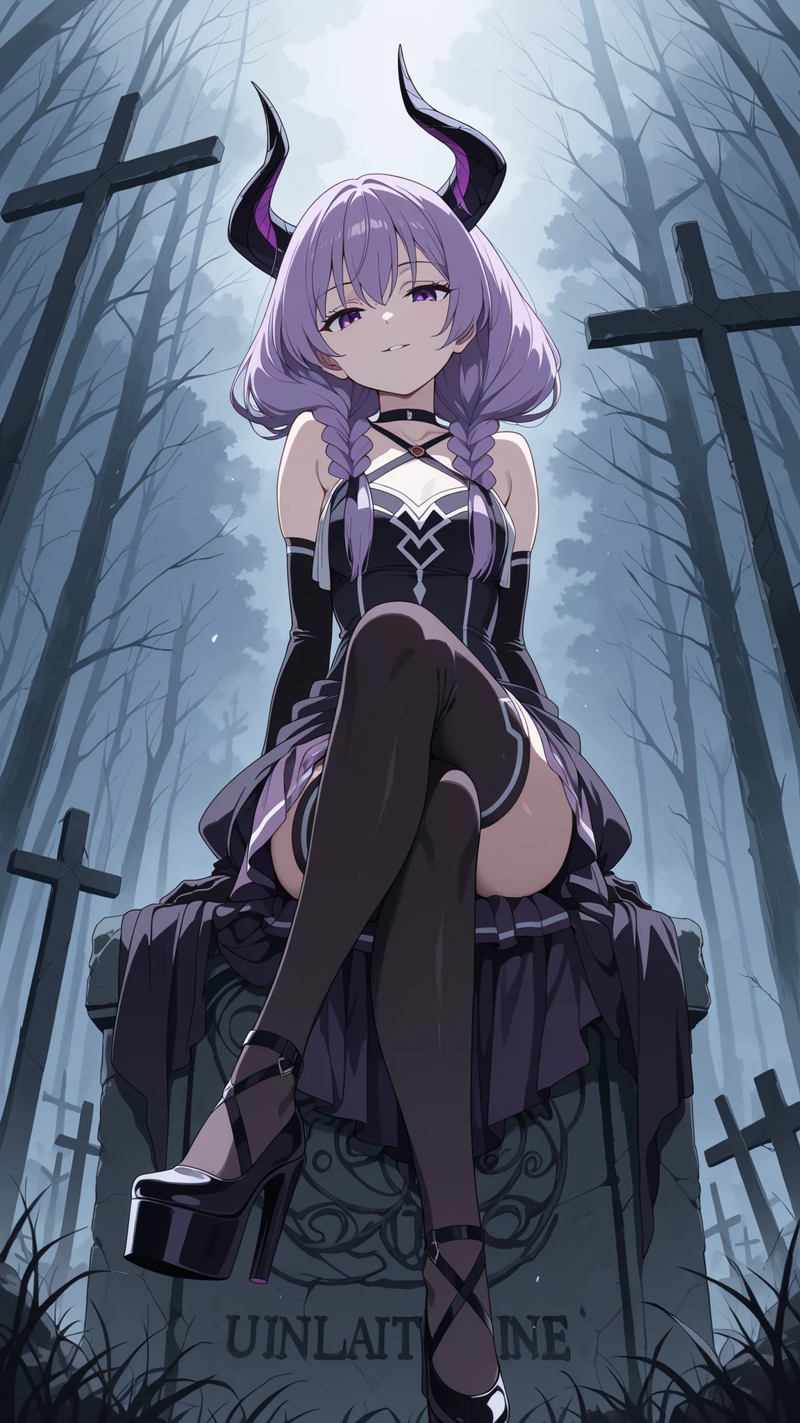 BREAK (masterpiece:1.2), best quality, high resolution, unity 8k wallpaper, (illustration:0.8),Ancient stone graveyard overgrown with weeds,
fog rolling through crooked tombstones,
leafless trees looming in the distance,
pale light filtering through clouds,
anime eerie background, high detail,aura the guillotine, long hair, purple eyes, purple hair, braid, horns, twin braids,skirt, thighhighs, gloves, choker, black gloves, elbow gloves,looking at viewer,cowboy shot,wide-angel,seductive expression,sitting on tomb,cross legs,from below,sexy platform heels,
