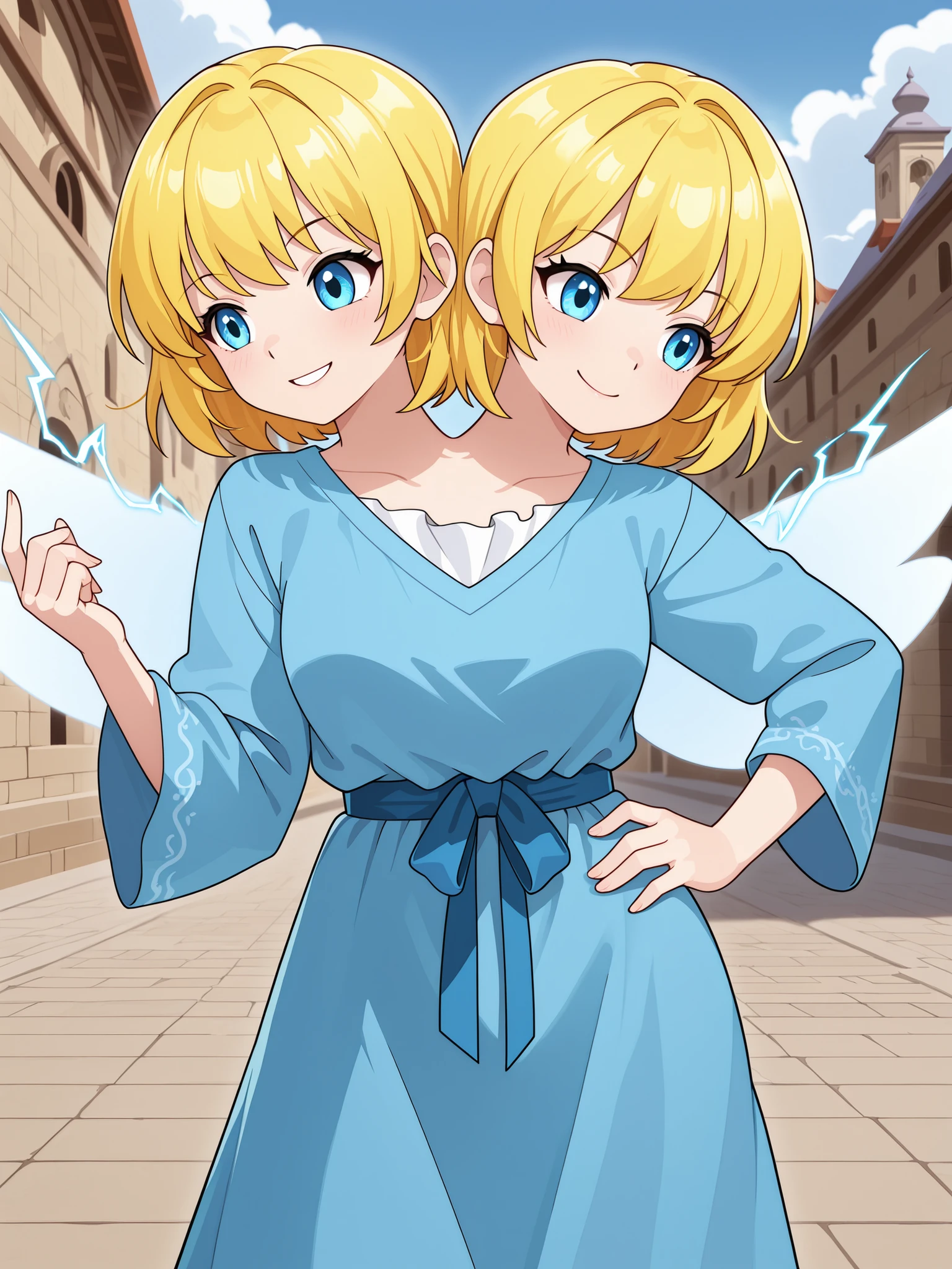 conjoined, anime girl with two heads, lightning fairy, blond hair, blue eyes, white wings, blue robe, casual, confident, smiling, electricity sparking in right hand, left hand on hip, cloud temple courtyard