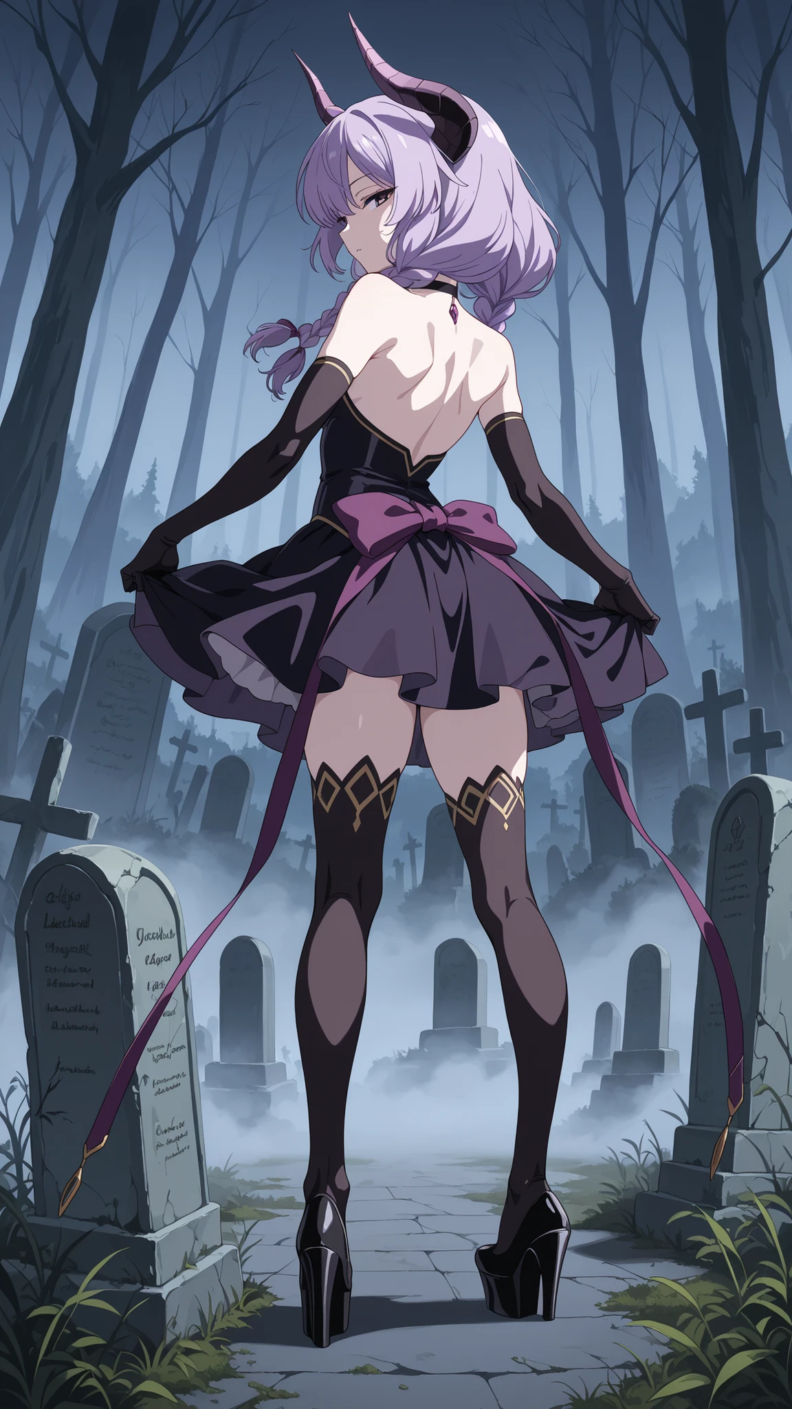 BREAK (masterpiece:1.2), best quality, high resolution, unity 8k wallpaper, (illustration:0.8),Ancient stone graveyard overgrown with weeds,
fog rolling through crooked tombstones,
leafless trees looming in the distance,
pale light filtering through clouds,
anime eerie background, high detail,aura the guillotine, long hair, purple eyes, purple hair, braid, horns, twin braids,skirt, thighhighs, gloves, choker, black gloves, elbow gloves,looking at viewer,full body shot,wide-angel,seductive expression,from behind,back photo,sexy platform heels,