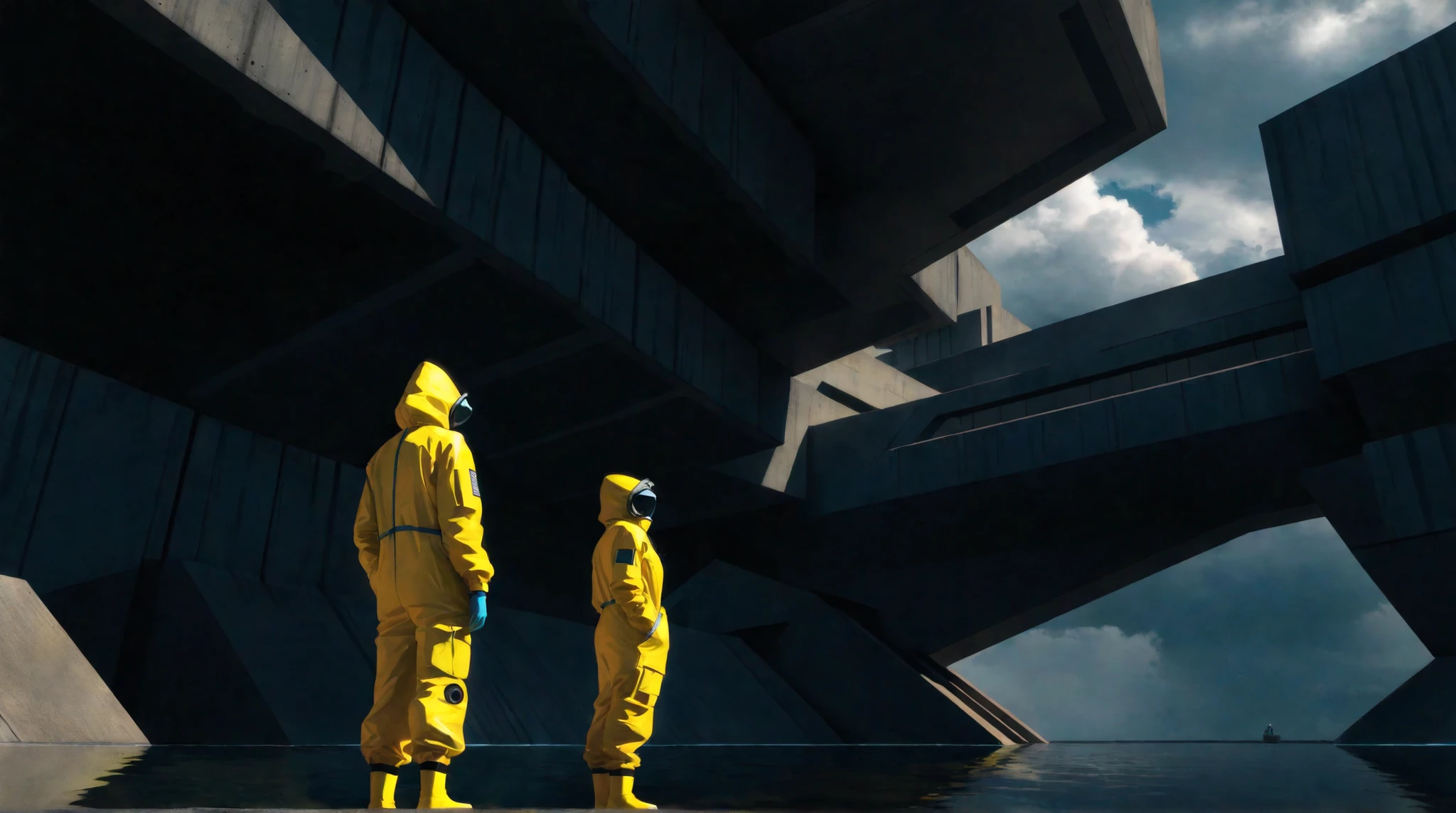 rltstc,(blues, yellows), brutalist architecture, brutalism, water. reflections, retrofuturistic, french retro, cloudy sky, two people in hazmat suits, hands in pockets,