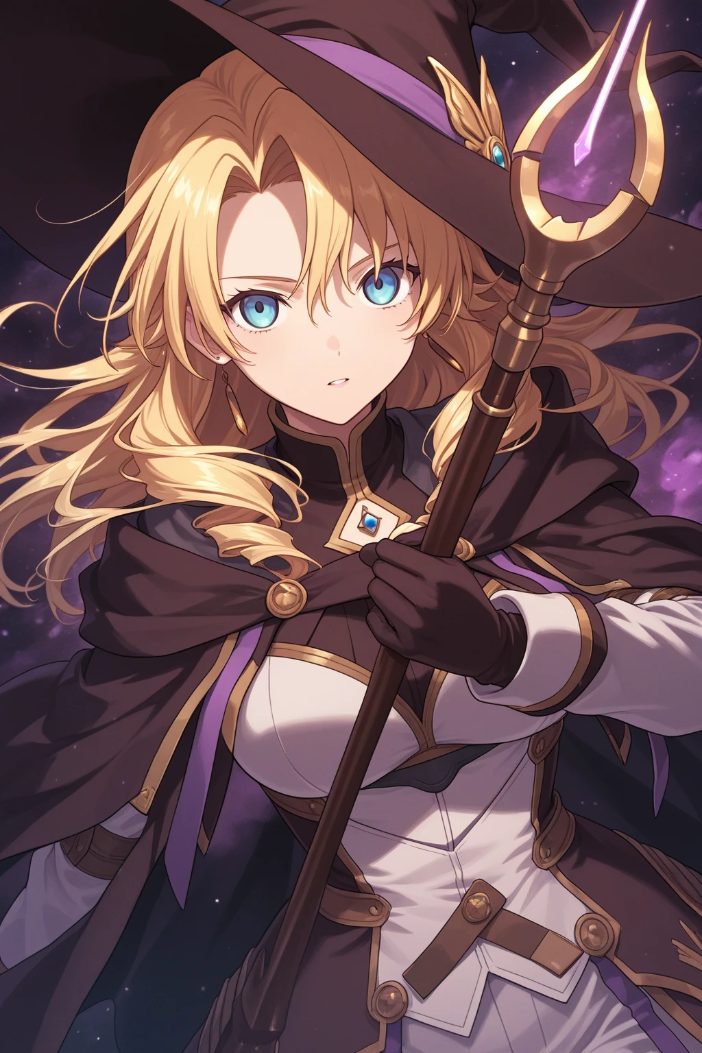 dark magician girl, duel monster, blush stickers, blonde hair, green eyes, long hair, breasts, blush, bangs, large breasts, hair between eyes, pentacle, pentagram, hat, dress, cleavage,  shoulders, collarbone, choker, blue headwear, wizard hat, bracer, detached sleeves, highest quality,((highest quality)),((Tabletop)),((Perfect Face)),become close５Two fingered hand,1 girl,(Background Blur),, Unreasonable,Her figure is extremely beautiful, Emphasizing the dark and crazy elements. Skillfully expressing the effects of light and shadow, detailed, The face and expression are carefully drawn..., Artistic elements add depth to the work, With a unique artistic touch. This film is visually stimulating、Aesthetically pleasing.,sketch (Character design sheet, same characters, whole body, Three-View, front, ~ ~ ~ side, return),,milky way, (Stripes of light), Impressive visuals, (Dynamic Streaks, Path of Light:1.2), Bright colors, Look up,Dynamic pose, Fountain in the background,　Carrying a walking stick, Looks like an anime poster,　A fateful journey