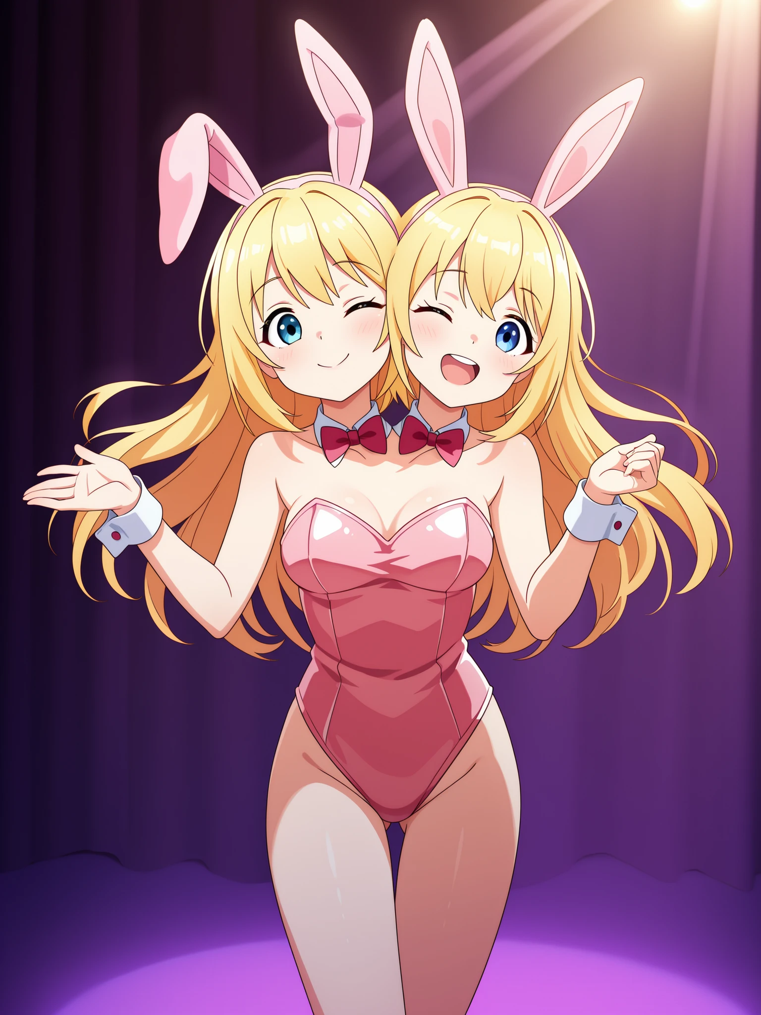 conjoined, anime girl with two heads, long blond hair, blue eyes, one eye open and one eye closed, right head's mouth closed and left head's mouth open, playful, happy, bunny girl outfit, rabbit costume ears, hotel stage, spotlight