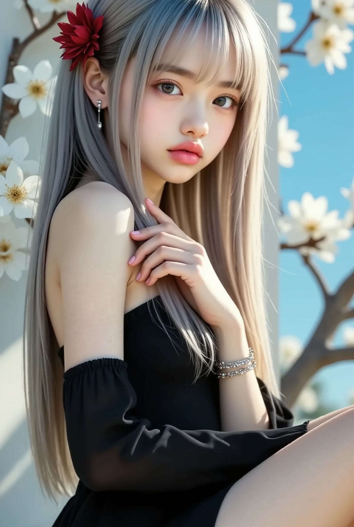 Full Bodyショット , dance , (Highest quality Become familiar with:1 . 2) , realistic , 8K huh? , high resolution , fujifilm(Medium format) , a compliment by touching a girl , Carl Zeiss , Amazing dynamic range of photos(utilities_Art:Smooth-768:1 . 1) , (1 girl:1 . 2) , Super Become familiar with , high quality textures , complicated details , Become familiar with , Very Become familiar with CG , High Quality Shadows , Become familiar with beautiful and delicate face , beautiful delicate eyes , letter border depth , ray tracing , 16 years old , cute Japanese girl , Narrow side , shiny lips , Glowing Eyes , perfect body , watch the audience , (gem/accessories) , (eyes are brown) , (Red Flower Hair Ornament) , (long white hair) , (Layered hairstyle) , (black gothic lolita) , White flowers blooming all over the wall , smile , Please add details to your clothes , Full Body , Full Bodyショット , cover face with hand , Marble , Blue Sky , dance , kiss , Peekaboo