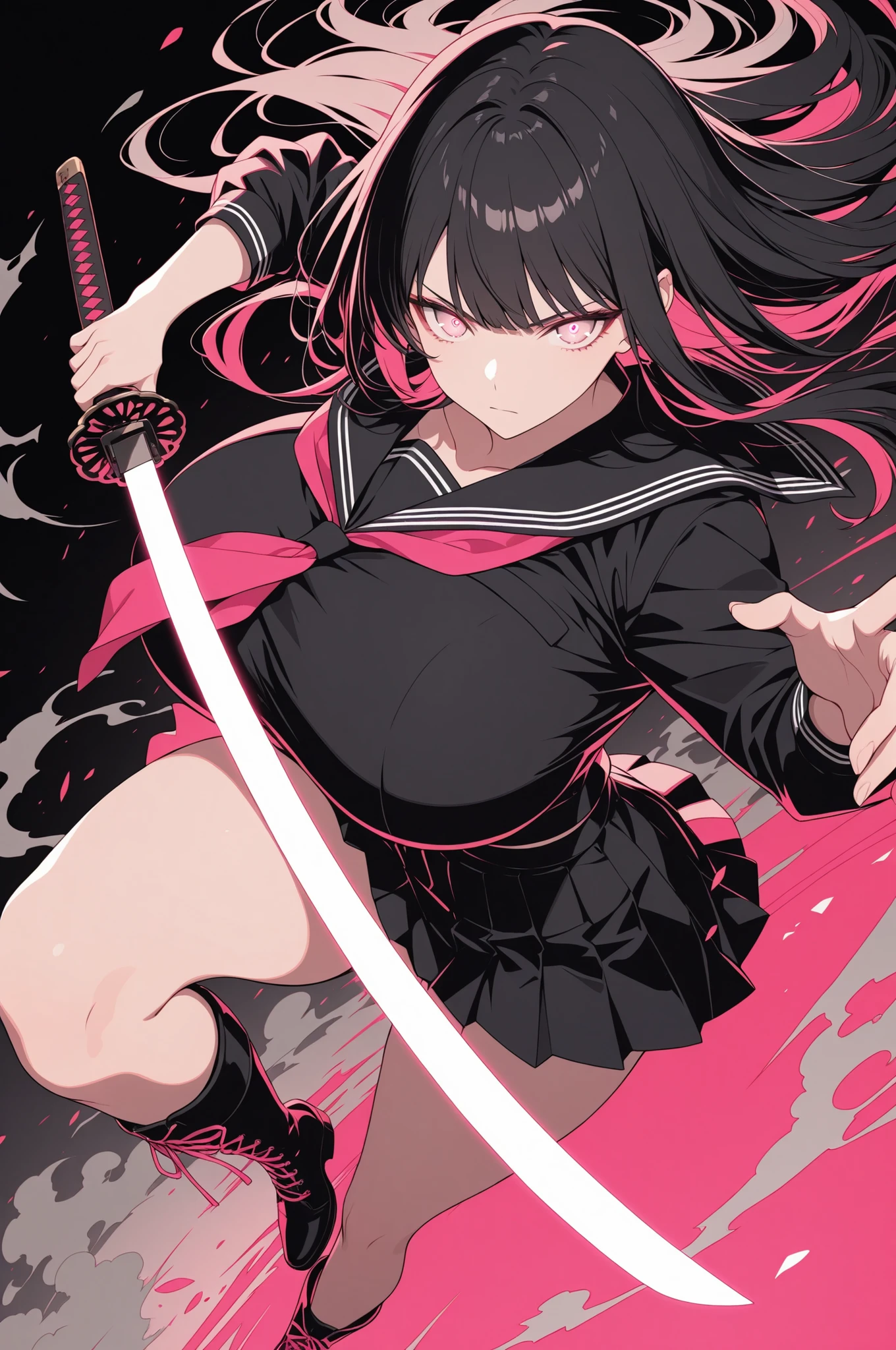 (((Masterpiece))), top Quality, dynamic composition, 1girl, holding katana, unsheathing, school uniform, solo, black hair, looking at viewer, bangs, fuchsia eyes, long hair, closed mouth, embers, black background, boots, dynamic pose, dutch angle,foreshortening, twilight, glowing, ink background, abstract background, bright colors, dark, pink theme, gray smoke, neon trim, gigantic breasts,