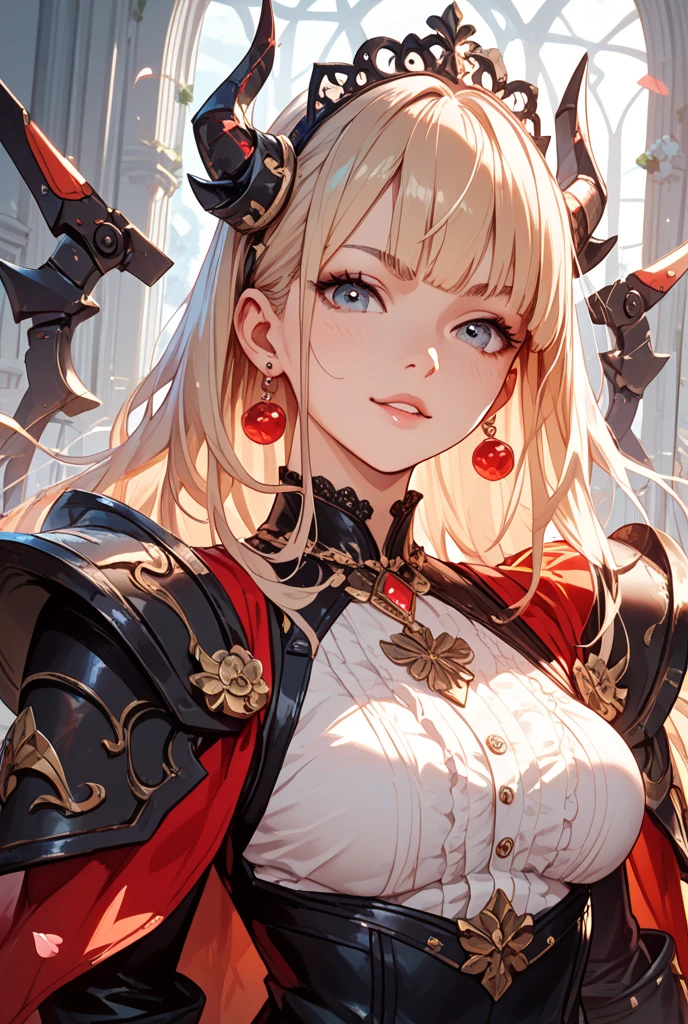 masterpiece,best quality,extremely detailed CG,ultra-detailed,1woman,fantasy,demon woman,general,swordfighter,evil smile,elaborately designed plate armor,forehead protector,dark red eyes,circlet,faint lip,face paint,blond hair,