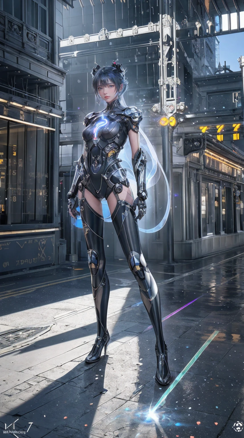 This is a CG Unity 8k wallpaper with ultra-detailed, high-resolution and top quality in cyberpunk style, dominated by black and red. In the picture, a beautiful girl with white messy short hair, a delicate face, wearing a steam mecha mask, standing on the ruins, behind her is a huge robot, and the action of a woman holding a heavy sniper rifle in her hand,