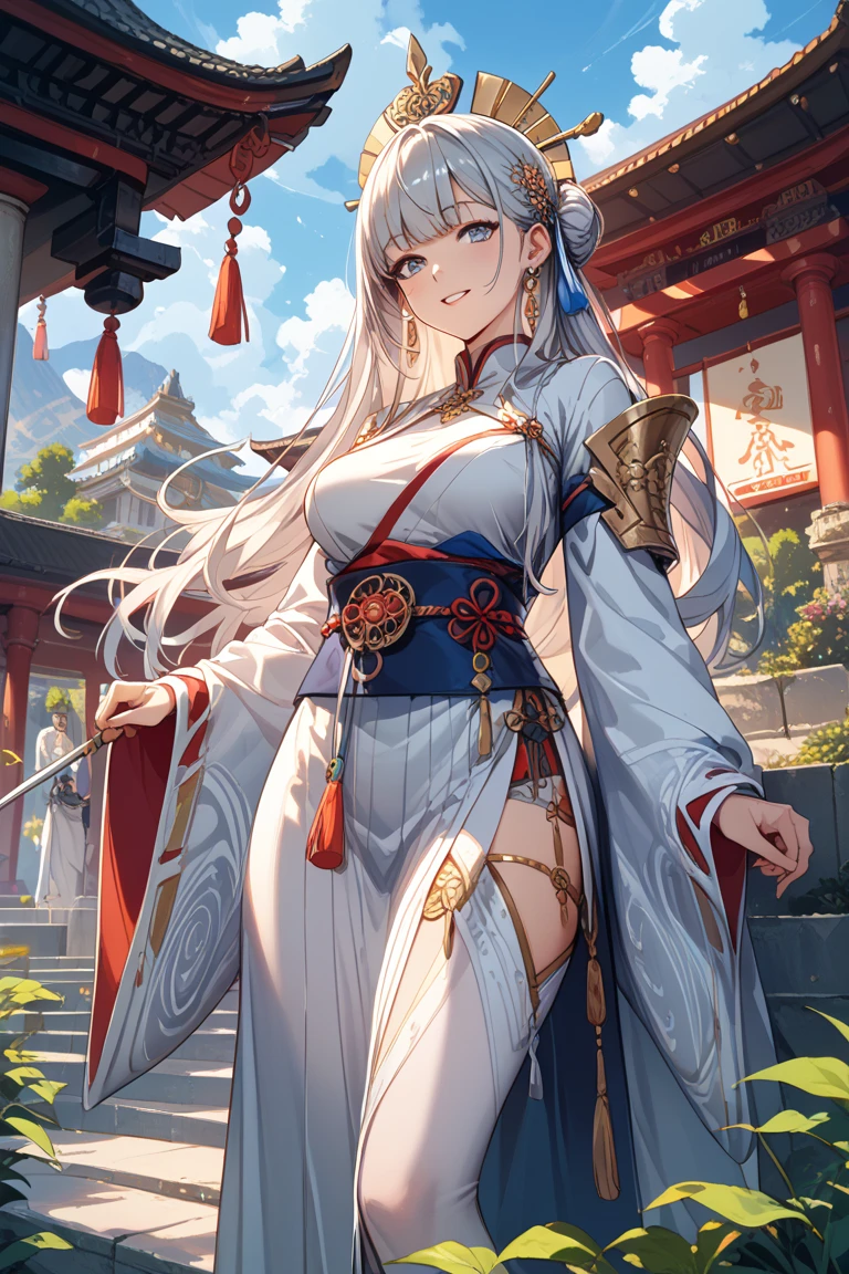 masterpiece, high res, detailed face, detailed eyes, 1 woman, solo, mature, white hair, long hair, fluffy hair, forehead, blue eyes, big breasts, bare shoulders, white dress, white shirt, chinese clothes, long sleeves, head ornament, indoors, walking, turning around, walking, chinese palce hall, seen from distance <lora:Arshtat:1>