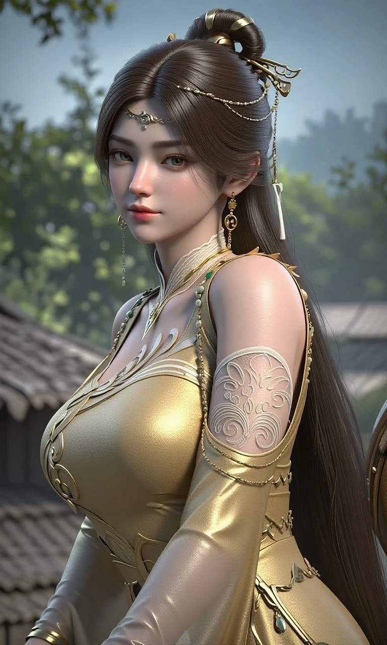 Best quality,masterpiece,ultra high res,(photorealistic:1.4),anime girl,shoulder,charming,Looking at the camera,xiuxian,weapon,east asian architecture,sheath,architecture,metal,intricate, ornaments detailed, machanical limbs,blood vessels connected to tubes,mechanical vertebra attaching to back,mechanical cervial attaching to neck,sitting,wires and cables connecting to head