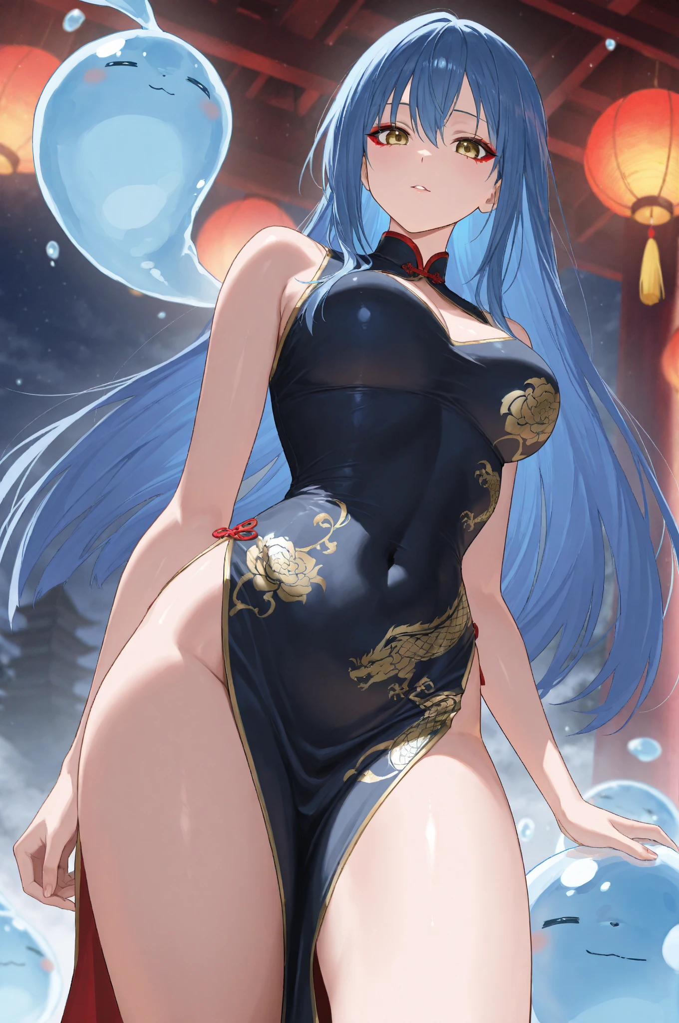 1girl, dusk \(everything is a miracle\) \(arknights\), arknights,(masterpiece, best quality), newest, ,turquoise chinese dress, original outfit, , by nyantcha, black hair, horns, by omone hokoma agm, dragon tail, night, fireworks, orange eyes, pussy sex , Dark-skinned male