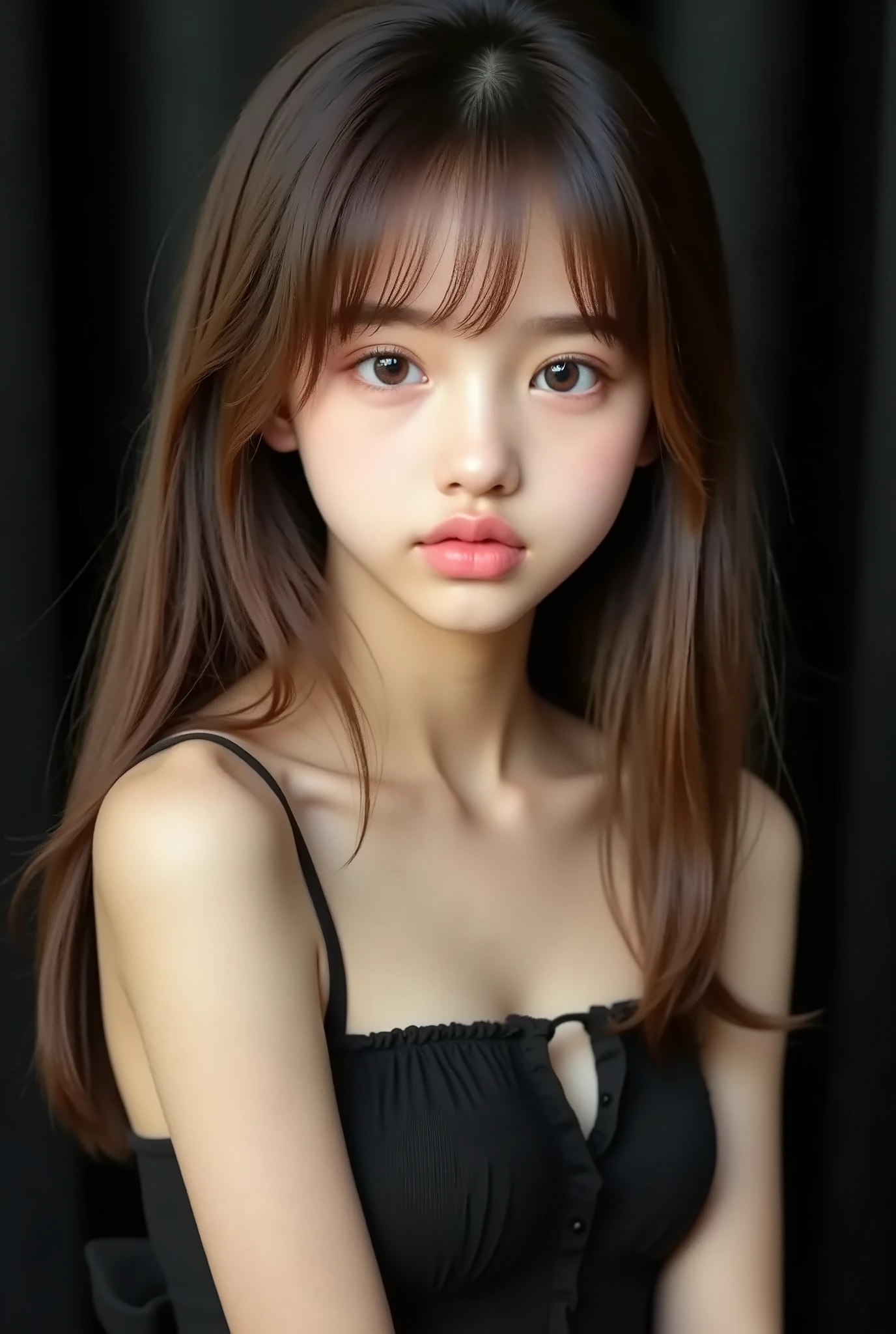 one girl、((smile:0 . 1))、cute girl、brown hair、baby-like face on black fabric、younger、Delicate Girl、upper body、small breasts、I can see your navel、Unreasonable precision、Super Detailed、camisole、Perfectly flat 、Honesty、Thin Arms , Professional Lighting , film grain , Color Difference , (Eye and Face Details:1 . 0) , (Bokeh:1 . 1)、software:1 . 5)))、 Highest Quality , 8k , 14 years ,