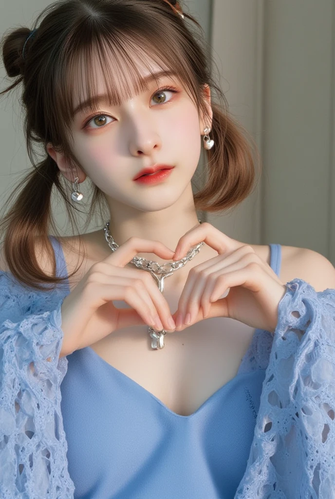 wince, longeyelashes, solid circle eyes, brown hair, hair behind ear, one eye closed, heart earrings, crystal earrings, grin, The fingers on the hand are one thumb and four others., Two arms, Surrealism, from above, 8k, super detail, ccurate, best quality, UHD, retina, masterpiece, ccurate, anatomically correct, high quality, best quality