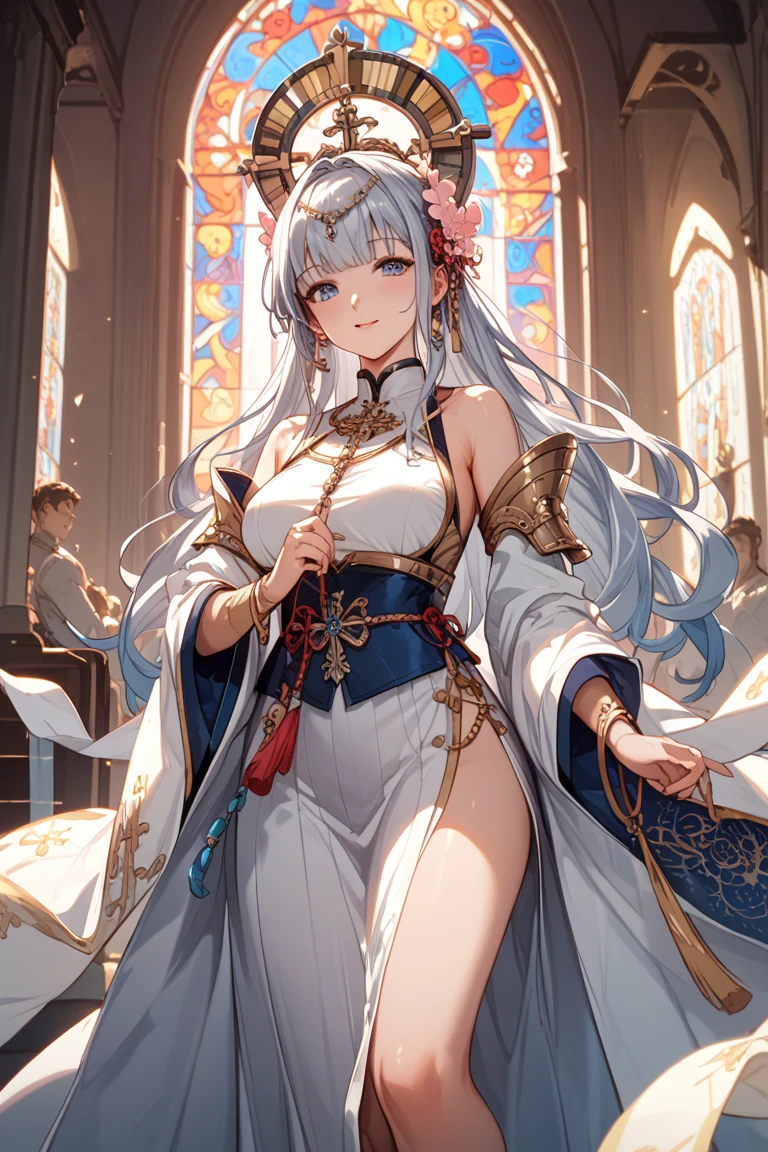 (highest quality)、((Super detailed))、(Ultra delicate)、Cute Pope、、Silver Hair、Beautiful breasts、Beautiful thighs、Gorgeous gold and silver vestments、Fantastic Light、god々しいgod殿、Holy Prayer、profile、Sideboob