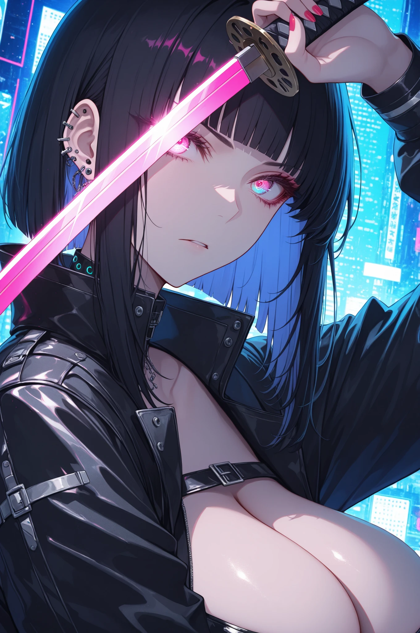 masterpiece, best quality, good quality, absurdres, highres, cyber punk,
BREAK
1girl, Face Focus, Side Angle, upper body, black hime cut, (magenta eyes), holding Katana pose,dynamic angle, huge breasts
BREAK
Backlight, one side light, cybernetic digital background with green neon light