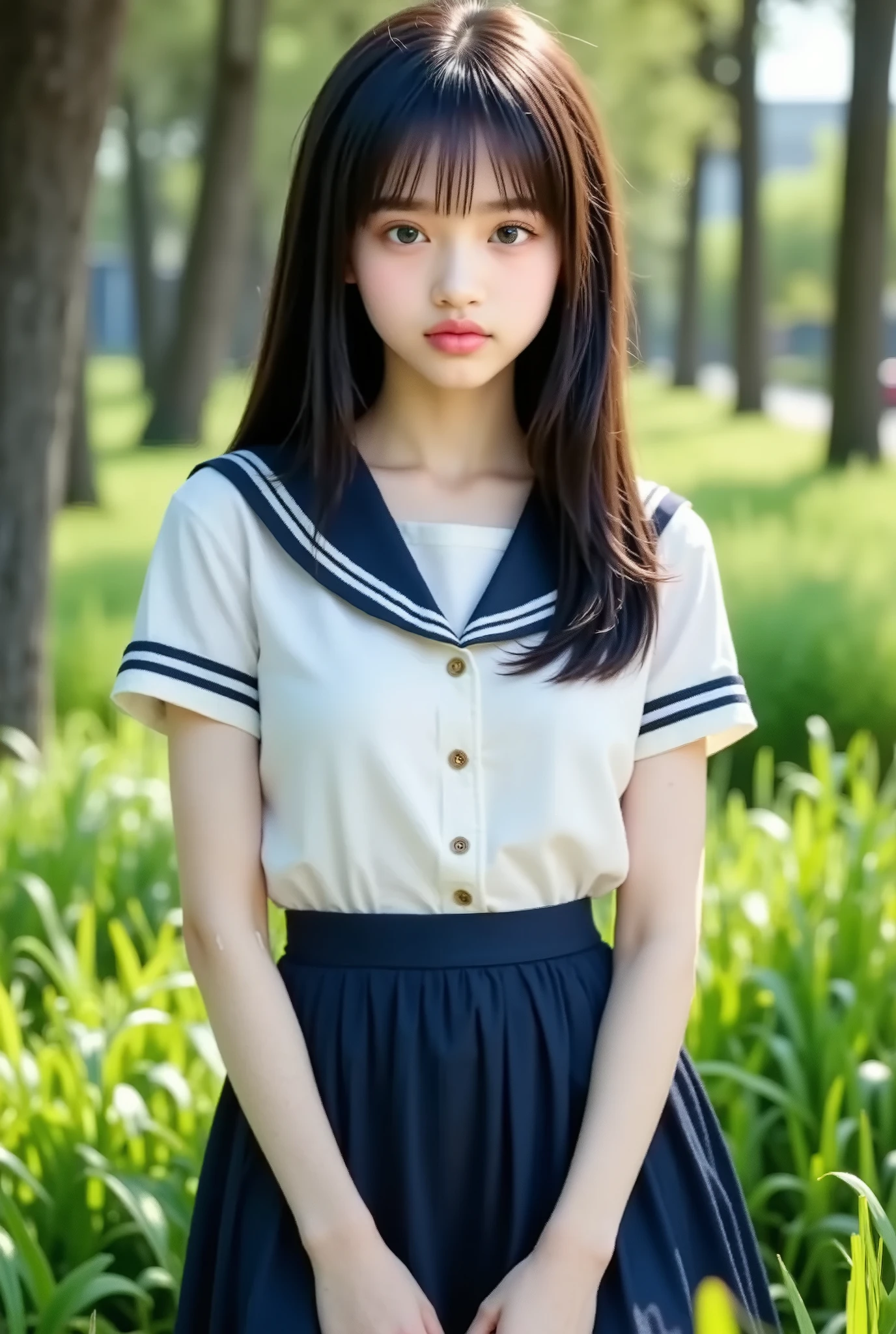 (masterpiece , Highest Quality:1 . 2) , 1girl , Woman , 18 years old、 cute、(white shirt , sailor , navy pleated skirt:1 . 2) idol style、smile、beautiful fresh green park , Full Body、
