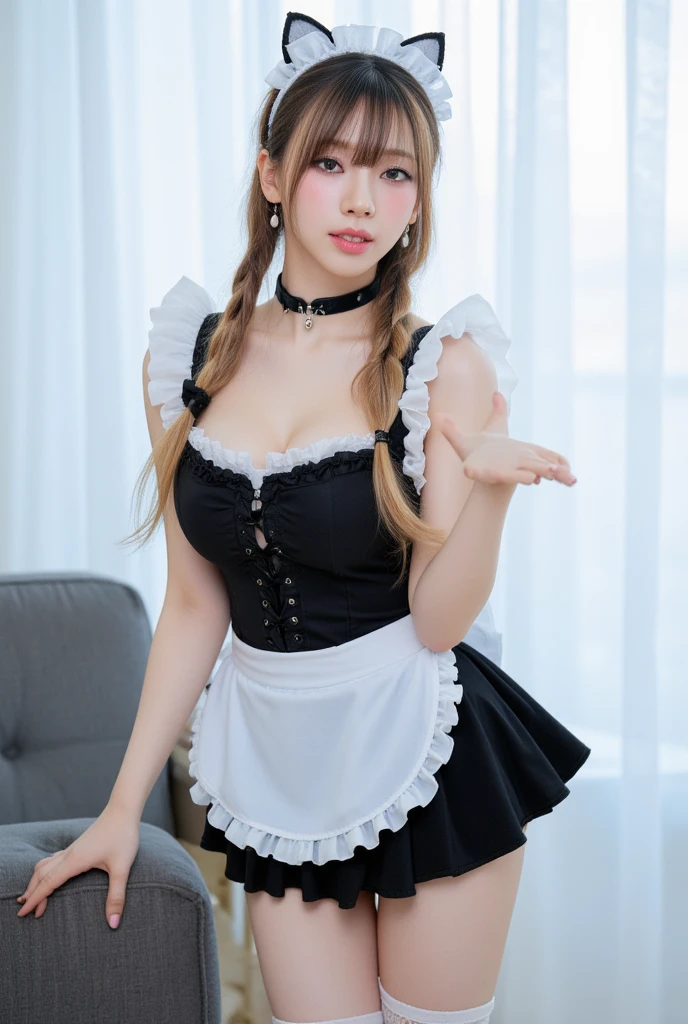 Highest quality, Super detailed, High resolution, 8K images) (reality, Realistic photos:1.37), ((Highest quality))Browsing Caution、((Furifri's Maid Cosplay:1.2))、Pastel colored maid outfit、Gothic Lolita、mini skirt、With ruffles、White fishnet stockings、Cotton fabric panties、、Don't cover your lower body、The panties look nice、Cute face、brown medium layer cut hair,((Her skirt is flipped up and her underwear is visible))((Show me your)), ((Stick your butt out)),(Squat with legs apart), Fine and beautiful eyes,Perfect Proportions,(Overflowing big),(A full-body shot from behind), Very beautiful and cute girl,22 years old,(anime),Kamimei, Pitch black background,(Solid black background)