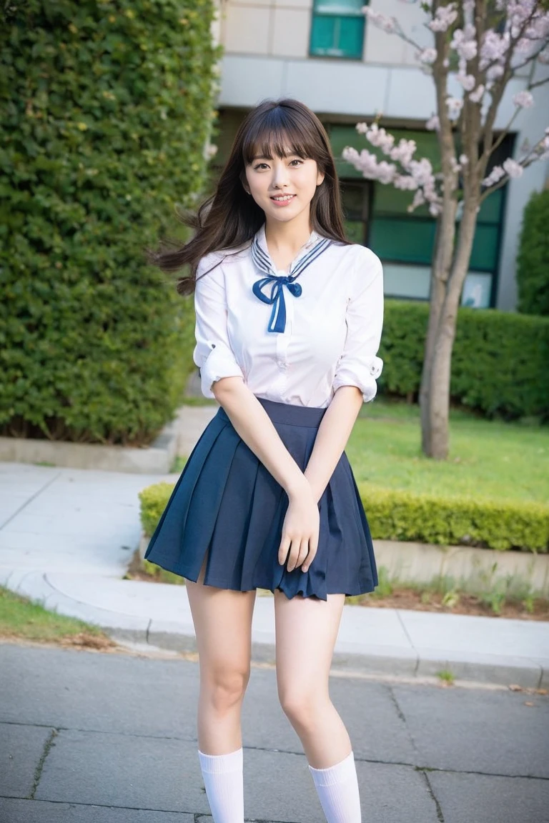 Perfect Anatomy ,Neat and clean high school girl, (school uniform, Sailor suit, Tie a ribbon around your chest, Winter clothes, The upper body is navy blue, The skirt is dark blue),In the morning, there will be a high school graduation ceremony in the large gymnasium.,長袖で昔ながらの紺色のSailor suitに膝丈のプリーツスカートを着て体育館シューズを履いて,((He is sitting on a metal chair in the gymnasium with a serious expression on his face..)),Short Bob,(((Knee-up shot from the front))),Best image quality,Professional angle of view,Excellent details,超A high resolution,Realistic:1.4),High Detail,Focus on the details,High concentration of 1girls,beautiful chestnut hair,Beautiful face with a delicate and high nose,Long limbs like a model,Beautiful pink knees,