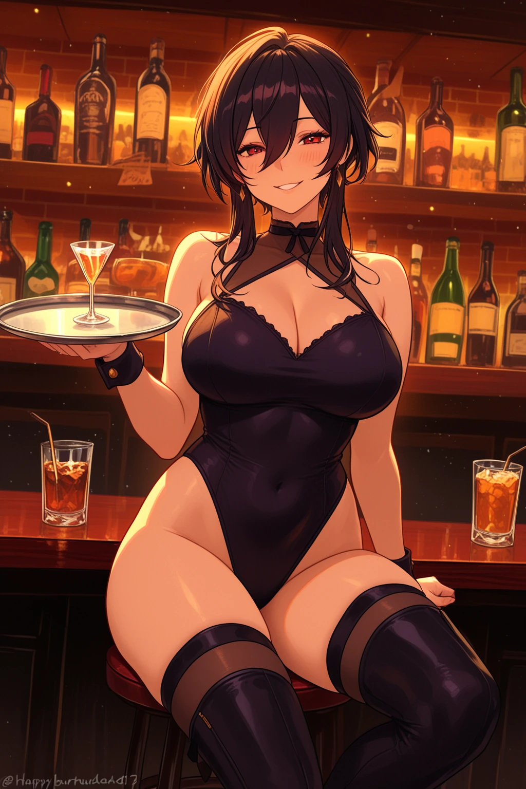 (from above:1.1),(from front:0.9), ((Face)), (Close-Up:0.4), masterpiece,"A 22-year-old girl stands at a bar counter. She is dressed in a stylish off-shoulder dress, sweater dress, off-shoulder sweater, red sweater,garter stocking, cleavage:1.1, black shorts, black thighhighs, thigh strap, pretty girl, (highly detailed beautiful face and eyes,firm breasts),real skin,((black,hair,long pony tail hair)),thin pubic hair,cute and lovely pose, detailed eyes, This masterpiece is only visually stunning but also tells,(double breasted:0.6,under bust:0.6),(with sparkling eyes and a contagious smile),open mouth, The bar is beautiful, with colorful bottles of alcohol in the background and a soft glow from neon lights. The atmosphere is relaxed, and the girl looks confident and fashionable.",full body, sexy pose,make a cocktail , in a bar counter, Looking at Viewer,