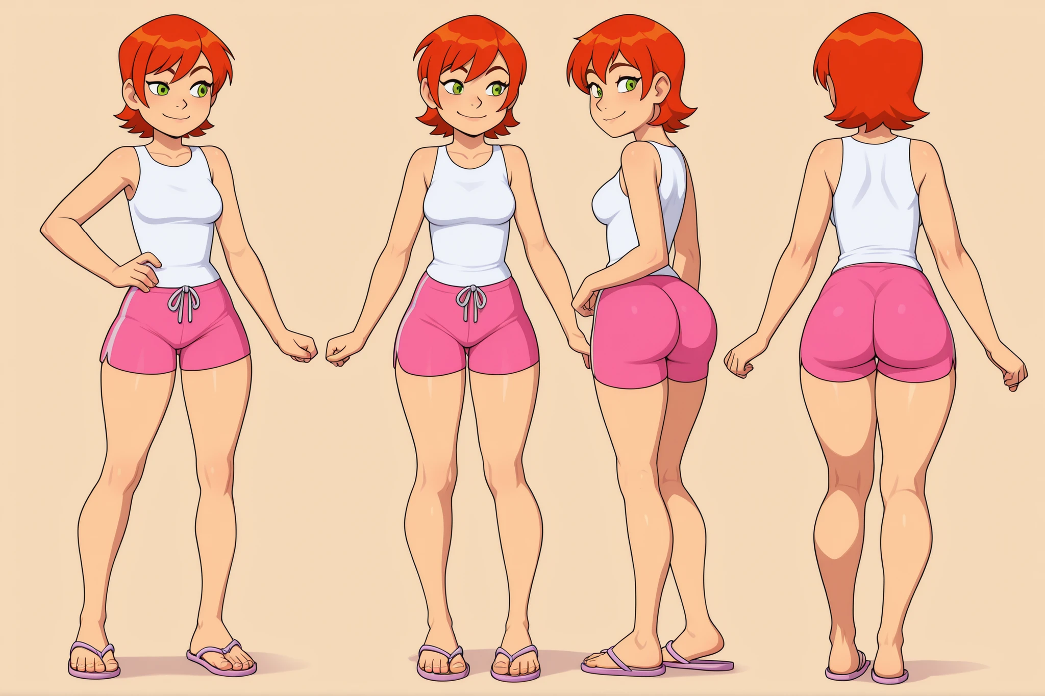 a beautiful 20 years old girl, cute, orange-red medium short hair, green eyes, small-medium size breasts, tall body, big ass, wearing a tight plain white sleeveless top and tight pink shorts with sleepers flip flops, curvy body, thick thighs, cute smile, sexy playful pose. 8K ultra HD, high quality, 2d cartoon style, full body, front view, back view, character sheet