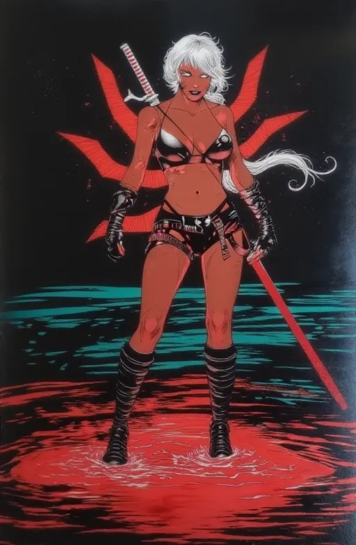 <lora:Fantasy_art_XL_V1:0.9><lora:HeavyMetalStyle-000009:0.9>taarna,(white)(hair, lips, eyes , <lora:xl_more_art-full_v1:0.5>Art by Frank Frazetta, Frank Frazetta Art Style, taarna holds her sword to the side as lightning strikes the blade and flashes all around <lora:more_details:0.4> <lora:Fantasy:0.2>