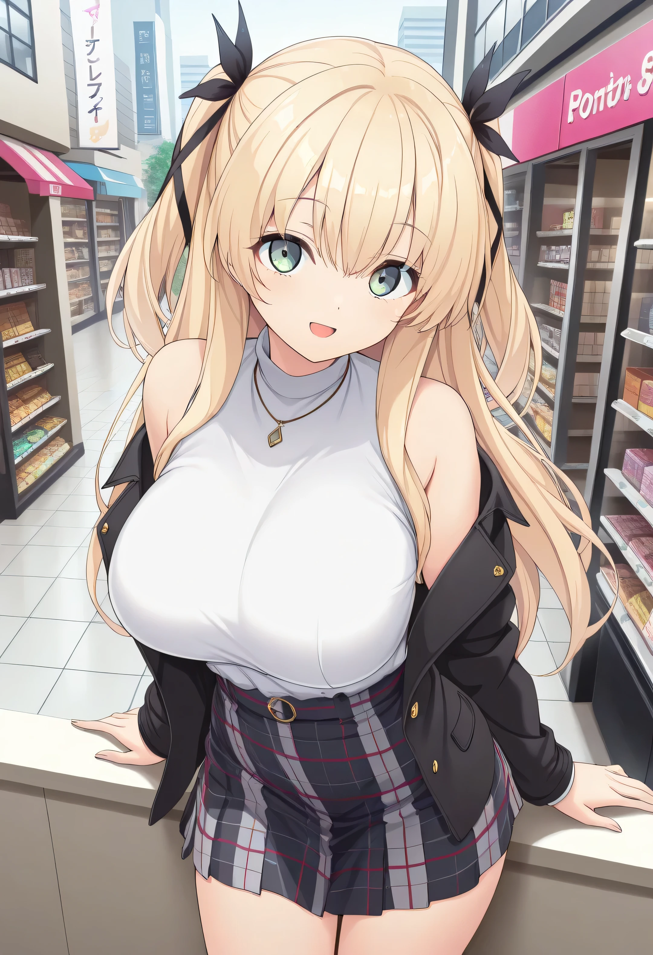 masterpiece, best quality, highres, scenery, newest, 1girl, official style, ren, blonde hair, green eyes, two side up, hair_ribbon, white shirt, plaid skirt, black jackets, five fingers, looking at viewer, smile, open mouth, on wall, store, fully shoulders, bit big breasts,