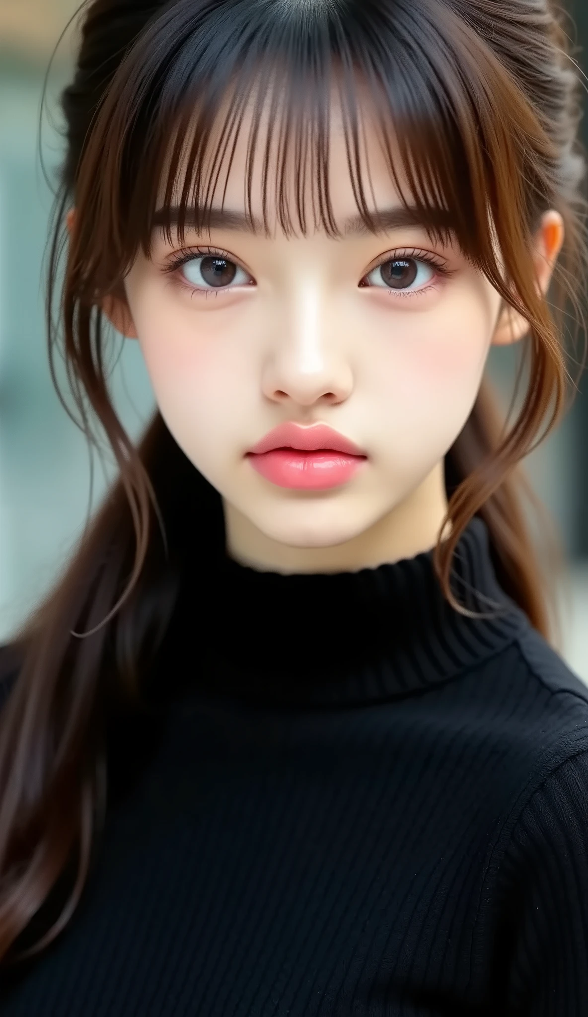 (masterpiece:1 . 5)、(realistic:1 . 5)、(Highest Quality:1 . 4、8k、Original photo)、 超high resolution、Professional Lighting、perfect dynamic composition、Outdoor shooting、 film grain、 Color Difference、(Bokeh:1 . 1)、blur background、 Frank、REFINED DESIGN、charm、超realistic、high resolution、The golden ratio、perfect anatomy、 (1 girl)、skinny girl、繊細でcharm女の子、cute woman:1 . 4、 Manna's expression、staring at viewers、 Mr. .. 々stop temporarily、 Light Brown Hair、Shiny Hair、(hairstyle at Costco is a ponytail)、 skin that looks real、 close your mouth、fine eyes、double eyelids、Thin Arms、、 (I'm wearing a black knitted turtleneck sweater:1 . 4)