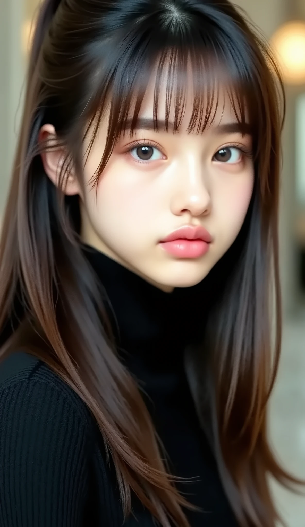 (masterpiece:1 . 5)、(realistic:1 . 5)、(Highest Quality:1 . 4、8k、Original photo)、 超high resolution、Professional Lighting、perfect dynamic composition、Outdoor shooting、 film grain、 Color Difference、(Bokeh:1 . 1)、blur background、 Frank、REFINED DESIGN、charm、超realistic、high resolution、The golden ratio、perfect anatomy、 (1 girl)、skinny girl、繊細でcharm女の子、cute woman:1 . 4、 Manna's expression、staring at viewers、 Mr. .. 々stop temporarily、 Light Brown Hair、Shiny Hair、(hairstyle at Costco is a ponytail)、 skin that looks real、 close your mouth、fine eyes、double eyelids、Thin Arms、、 (I'm wearing a black knitted turtleneck sweater:1 . 4)