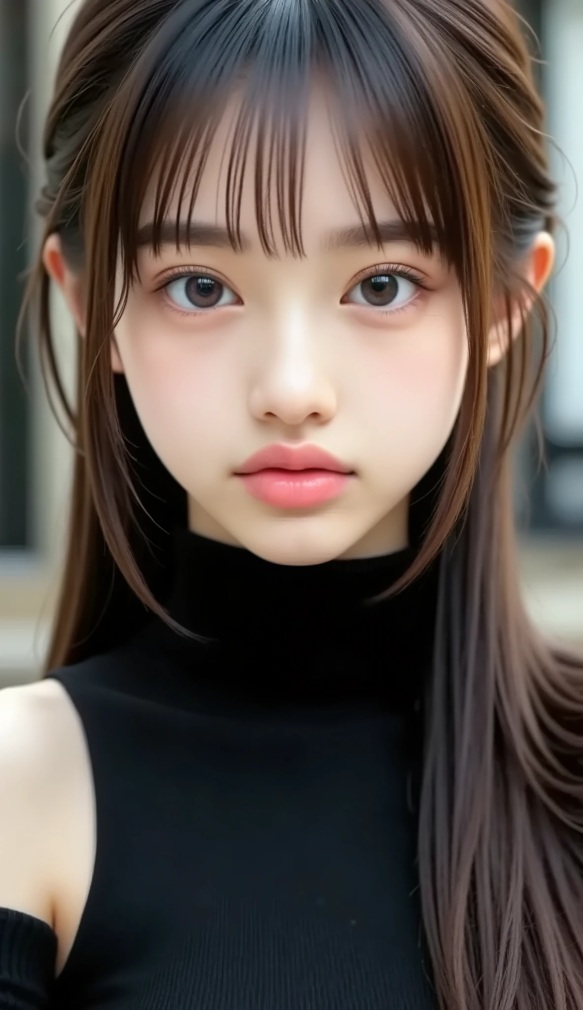 (masterpiece:1 . 5)、(realistic:1 . 5)、(Highest Quality:1 . 4、8k、Original photo)、 超high resolution、Professional Lighting、perfect dynamic composition、Outdoor shooting、 film grain、 Color Difference、(Bokeh:1 . 1)、blur background、 Frank、REFINED DESIGN、charm、超realistic、high resolution、The golden ratio、perfect anatomy、 (1 girl)、skinny girl、繊細でcharm女の子、cute woman:1 . 4、 Manna's expression、staring at viewers、 Mr. .. 々stop temporarily、 Light Brown Hair、Shiny Hair、(hairstyle at Costco is a ponytail)、 skin that looks real、 close your mouth、fine eyes、double eyelids、Thin Arms、、 (I'm wearing a black knitted turtleneck sweater:1 . 4)