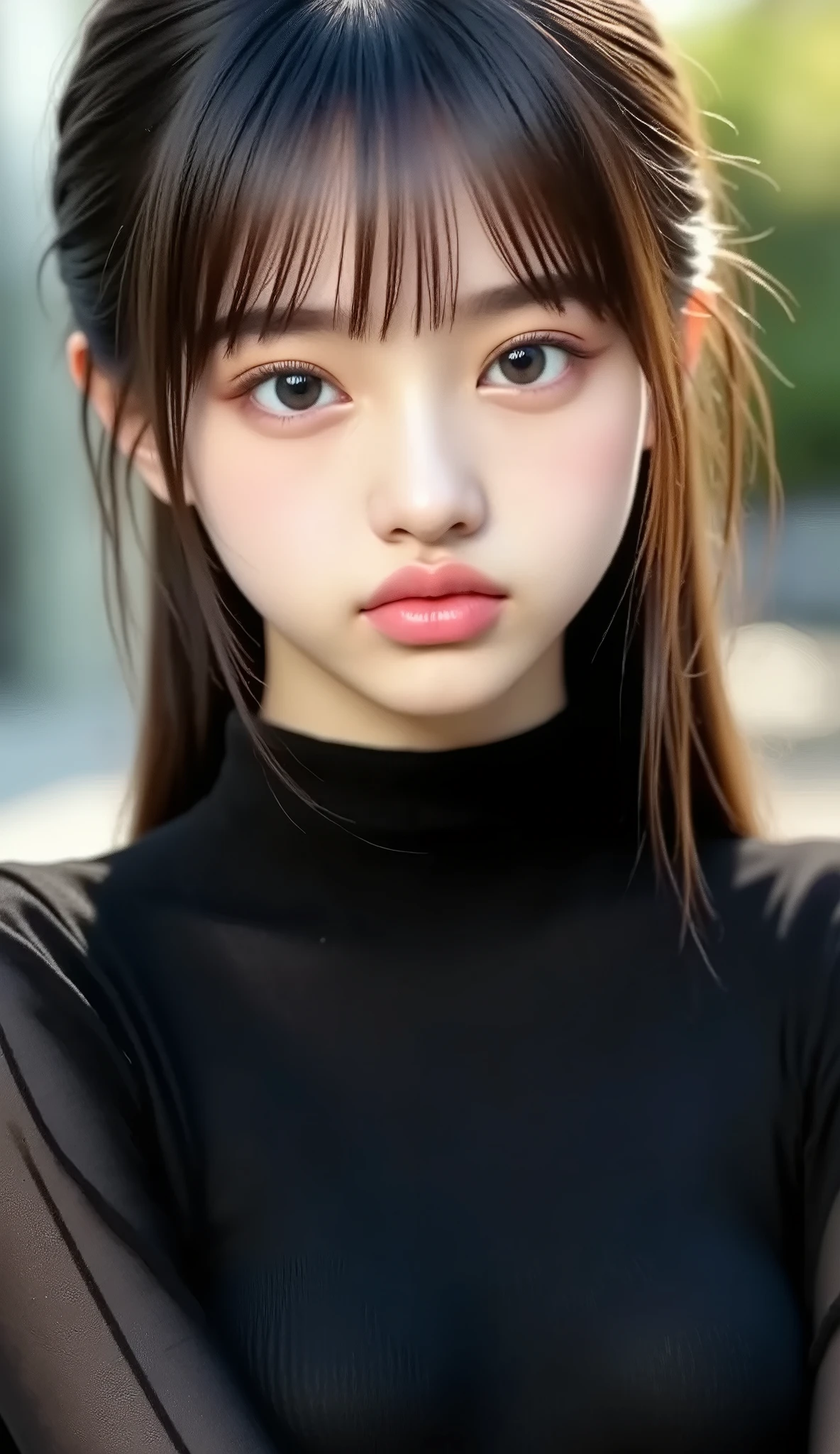 (masterpiece:1 . 5)、(realistic:1 . 5)、(Highest Quality:1 . 4、8k、Original photo)、 超high resolution、Professional Lighting、perfect dynamic composition、Outdoor shooting、 film grain、 Color Difference、(Bokeh:1 . 1)、blur background、 Frank、REFINED DESIGN、charm、超realistic、high resolution、The golden ratio、perfect anatomy、 (1 girl)、skinny girl、繊細でcharm女の子、cute woman:1 . 4、 Manna's expression、staring at viewers、 Mr. .. 々stop temporarily、 Light Brown Hair、Shiny Hair、(hairstyle at Costco is a ponytail)、 skin that looks real、 close your mouth、fine eyes、double eyelids、Thin Arms、、 (I'm wearing a black knitted turtleneck sweater:1 . 4)