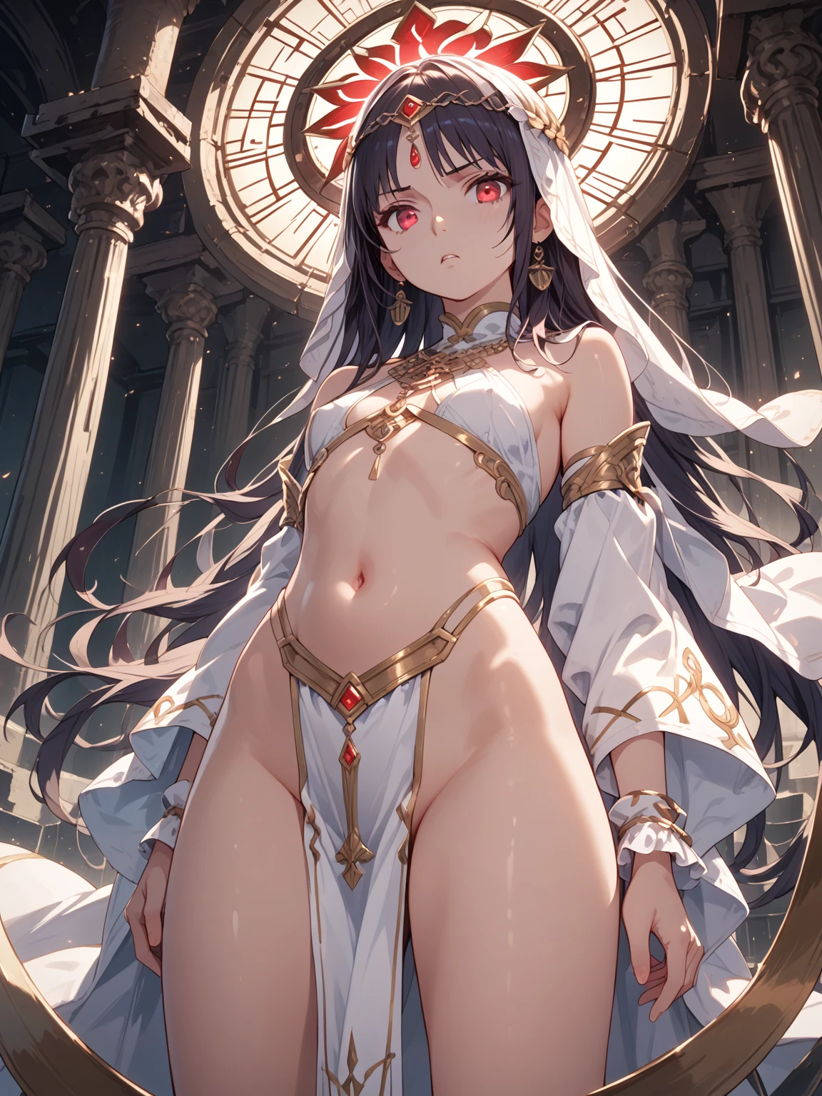 score_9, score_8_up, score_7_up, score_6_up, uncensored, michiko tanaka, long hair, black hair, yellow eyes, facial mark, forehead mark, BREAK detailed eyes, beautiful eyes, perfect eyes, assertive female, (perfect hands, perfect anatomy), detailed skin texture, (blush:0.5), (goosebumps:0.5), excessive sweating, sweating profusely, sweating drop BREAK, ruanyi0469, Nude color bodysuit, shiny clothes, skin tight, tattoo, barcode, nude, metal spine, medium breasts, standing, glow effect, smirk, looking down, dynamic pose, 