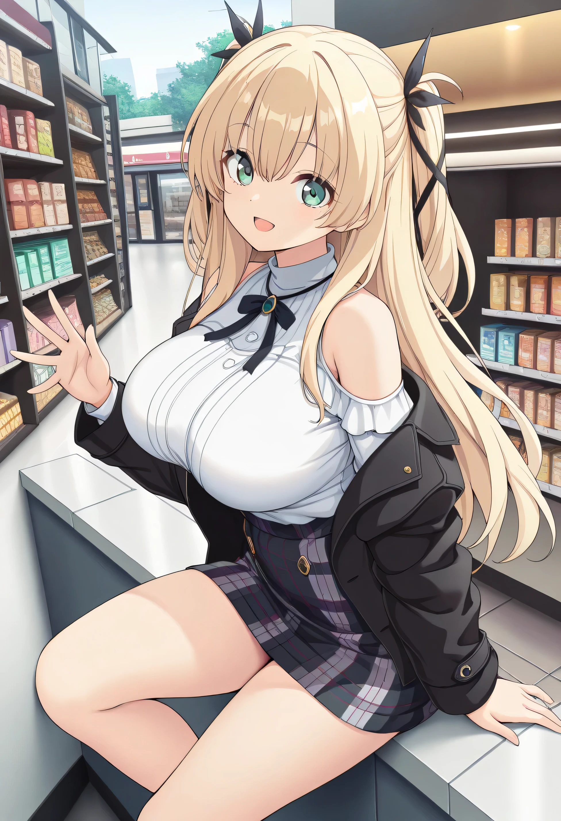 masterpiece, best quality, highres, scenery, newest, 1girl, official style, ren, blonde hair, green eyes, two side up, hair_ribbon, white shirt, plaid skirt, black jackets, five fingers, looking at viewer, smile, open mouth, on wall, store, fully shoulders, bit big breasts,