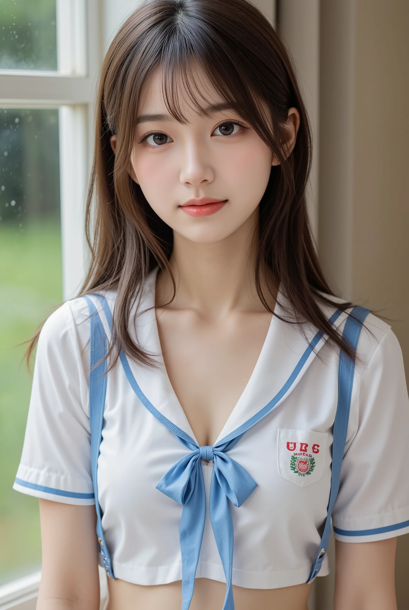 ((Best quality, 8k, Masterpiece :1.3)), Whole body, Sharp focus :1.2, A pretty woman with perfect figure :1.4, Slender abs :1.2, ((Dark brown hair,  :1.2)), body dress :1.1, Highly detailed face and skin texture, Detailed eyes, Double eyelid, Small , sailor uniform,  , Interior Scene, high school