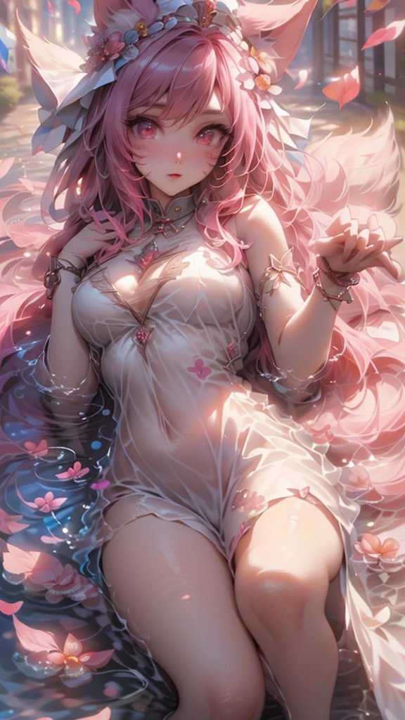 ((top quality)),(ultra high resolution),(Super detailed細),(detailed description),((the most picturesque works of art),super precision art,amazing art of depiction,fantasy art:1.5, ((Beautiful flowers々:1.5)), (Body eroded by flowers:1.0),glamorous body:1.3,fancy background effects、masterpiece、fancy details、(NSFW 1.1), ((1 girl)), ((muste piece)), ((extremely detailed:1.3)), in crystal clear water,beautiful woman entering the lake, ((pink hair、wavy long hair)), wet hair, Wearing a light transparent dress, Bathing clothed, steam, (Rose petals floating in water:1.3), early morning light, ivory gold AI, windows, crepuscular lighting, 、see-through lace underwear、very huge boobs、Pink nipples、pink areola,透けて見えるPink nipples、透明なpink areola、lace and string shorts.、princess carry,Sexy lingerie with lace and strings,See-through sexy lingerie,transparent lingerie、translucent dress、pearlescent、pearl、sexy harness、sexy garter belt、sexy stockings、Arranged,intimate, rose garden、colorful roses、lake with floating roses、lying down、open legs、spread your legs、open thighs、soak in water、wet body、splash of water、gorgeous flower decoration、big flower、stylish hair、the moon, Lantern, night time, solo, water play, The water, hair flower, flower, Outdoors, sky porn, full the moon, Shigure, Lantern, clothes soaked in water, sky porn, wet hair (((muste piece),(Highly detailed CG Unity 8K wallpaper),best quality,cinematic lighting,detailed background,beautiful detailed eyes,bright pupils, (very delicate and beautiful),(Beautiful and detailed eye description), Super detailed,muste piece,)),((red eyes))、greenhouse、garden、temple、