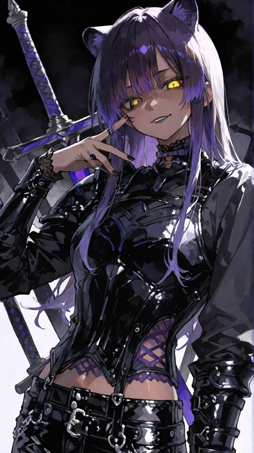 male BDSM-inspired character in the style of HoYoverse. He has short, sleek black hair with dark purple highlights and intense deep purple eyes. He wears a fitted black leather vest with intricate silver and dark purple embroidery, featuring multiple straps and buckles. Underneath, he has a tight, long-sleeved black shirt with mesh panels. His black leather pants have silver and purple detailing, including chains and buckles. He wears black combat boots with silver buckles and dark purple accents. Accessories include a black leather choker with a silver ring pendant, fingerless black leather gloves with silver studs and purple stitching, and a combination of silver and dark purple rings. He is equipped with a sleek black bullwhip with silver and purple accents, and a pair of sharp silver daggers with dark purple gemstones in the hilts. He has an ominous, ethereal aura with a dark, shadowy mist that flickers with purple light. His demeanor is dominant and enigm
