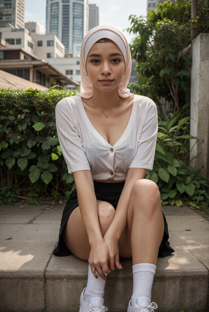 10 years old turkish girl wearing hijab white shirt black loose mini skirt long and beautiful legs white long socks black shoes very beautiful smiling sweet girl in the park high hd image quality upskirt image small breasts