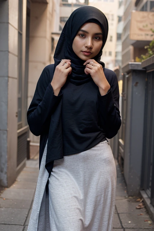 half body wide angle professional photo of 1 Girl Beautiful Russian Face, 28 Years Old, White Skin, Hijab, wearing black shirt and sweater, grey long pants, Big Chest, A slender woman walks in a natural position, ((Front left photo)), Landscape natural background, Low depth of field, vanishing point, Bright photos, True casual photography, Natural relaxing posture, Realistic natural style, Centered, Symmetrical, Knee shot from the photo below, wide angles, Nikon Z9 35mm F1.8,
