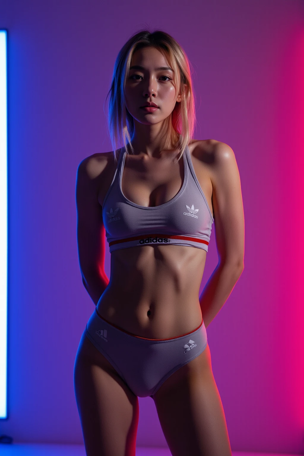 Full-body image, lola bunny, bent, (best qualityer, 4K, 8K, high resolution, Masterpiece artwork: 1.2), ultra-detailed, (realisitic, fotorrealisitic, fotorrealisitic: 1.37), beautiful detailed eyes, beautiful detailed lips, extremely detailed eye and face , long eyelashes, toony style, cute fur, playful expression, athletic body, completely naked, open silhouette, kneeling on a basketball court, looking over his shoulder, pink and white color palette, iluminação suave Masterpiece artwork