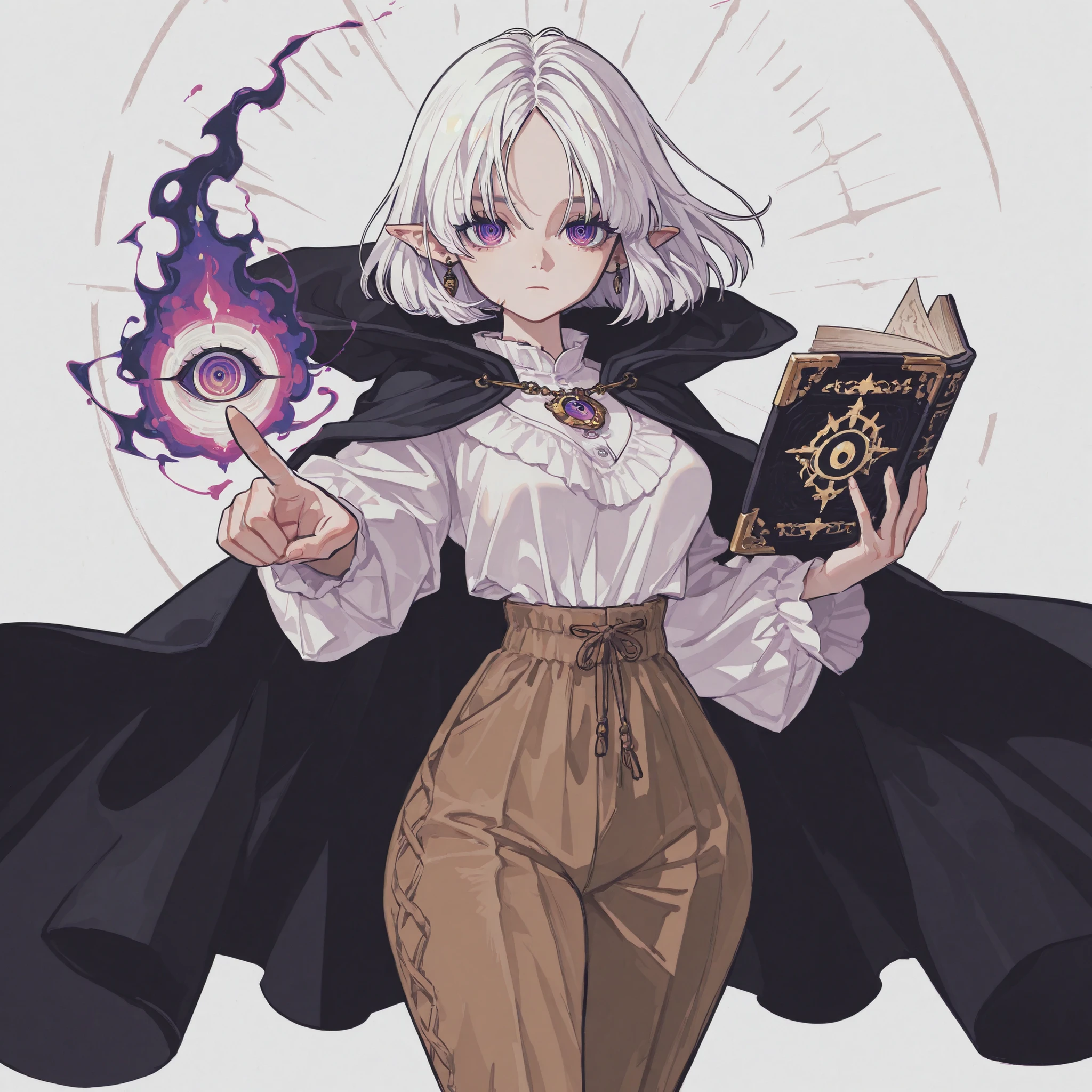 masterpiece, ultra-HD, impressionism, high detail, best quality, very aesthetic, 8K, best quality, beautiful, ultra-high resolution, 32K UHD, 4ki4k4ne_illu, 1girl, solo, short white hair, parted bangs, bob cut, purple eyes, pointy ears, almond-shaped eyes, eyelashes, circled eyes, ringed eyes, medium breasts, wide hips, narrow waist, thick thighs, shapely legs, white blouse, brown pants, black cloak, necklace, earrings, holding a magic grimoire, expressionless, purple magic aura, pointing at the viewer, standing, looking at the viewer, simple background, front view