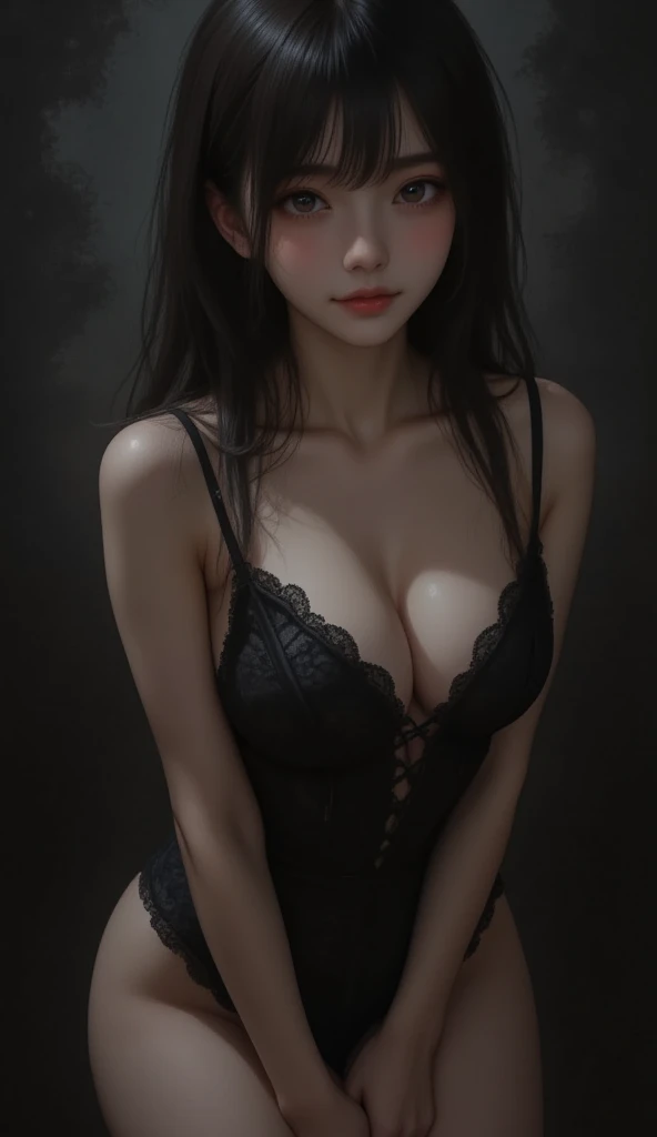 Beautiful Linda, with her long, sleek black hair cascading over bangs, is gracefully seated on a plush sofa. She dons a sleek, sexy outfit that accentuates her slender frame and enhances her voluptuous assets. Her face is , featuring a narrow, delicate structure. The outfit, a seamless blend of elegance and allure, hugs her body, highlighting her lean figure, large breasts, and ample backside. The image, captured in 3:2 aspect ratio, boasts high resolution, offering a detailed, close-up view of her beautiful, expressive eyes and flawless skin texture. The lighting is soft, casting a warm, inviting