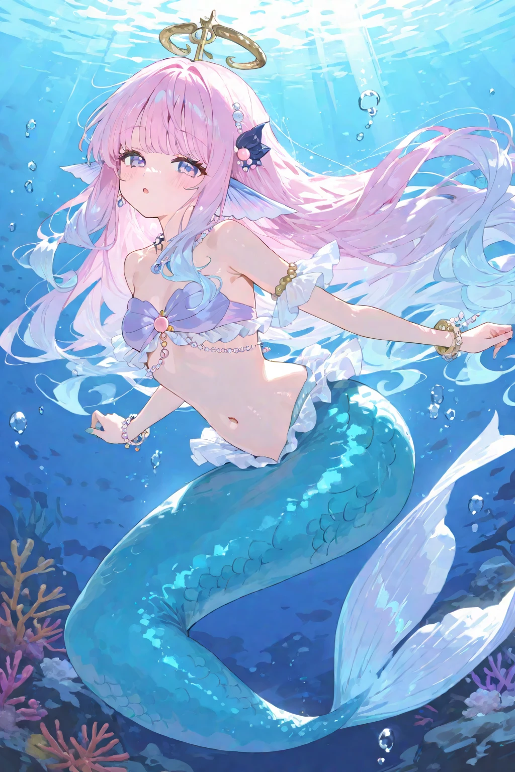 jellyfish girl, jellyfish, tentacles, transparency, seabed, rainbow, pearls, mermaid, transparent body, lolita style, good quality