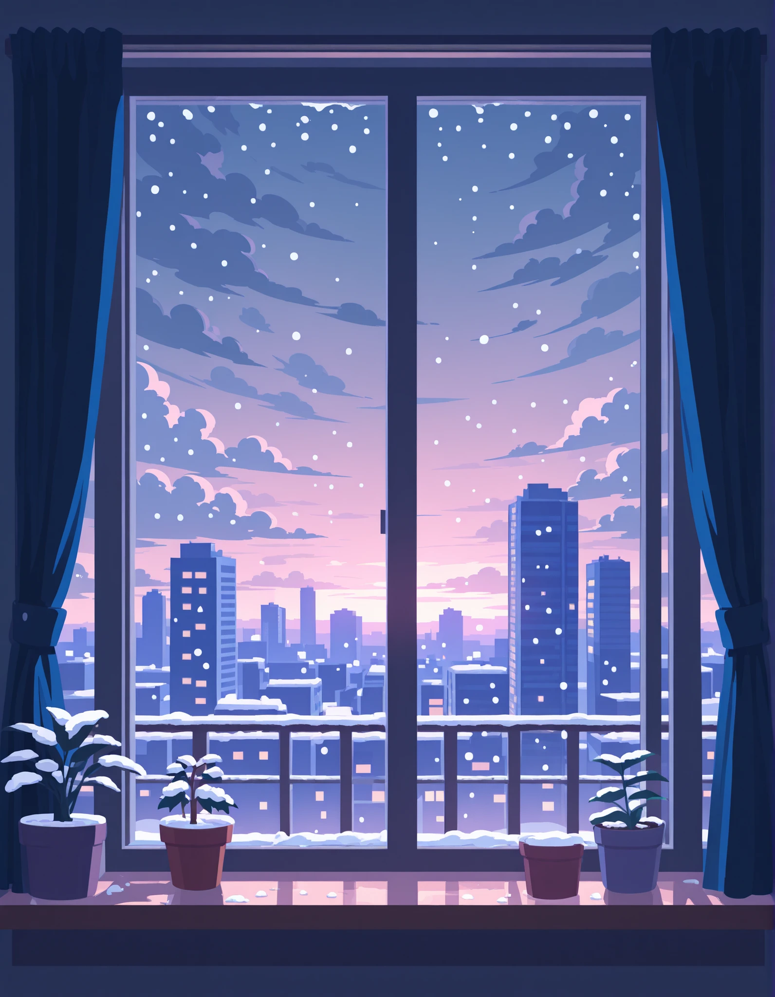 A masterpiece of best quality with ultra-detailed and best shadows depicts a no lineart, flat color, pixpix, 8-bit, pixel_art, limited_palette, , sky, indoors, cloud, no_humans, window, night, cloudy_sky, plant, curtains, building, scenery, snow, snowing, city, potted_plant, cityscape, dark, winter, skyscraper, city_lights, grey_sky, looking_outside, windowsill