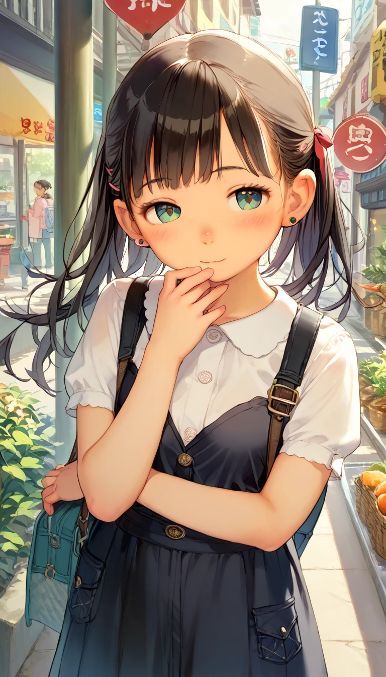(Masseter muscle area, Highest quality, Ultra-high resolution), Close-up view, 1 cute girl with a ponytail,Blushing, Smile,In a beautiful summer dress, Playing with flowers in the park, Soft Focus, wood々Sunlight shining through, Breeze, Watercolor style, Impressionist art, Colorful petals fluttering down, Reflexive, Thoughtful expression, (Look directly at the viewer), Sketch Font, Whimsical Illustrations, (Art prints: 1.4), (Poster Style: 1.4)