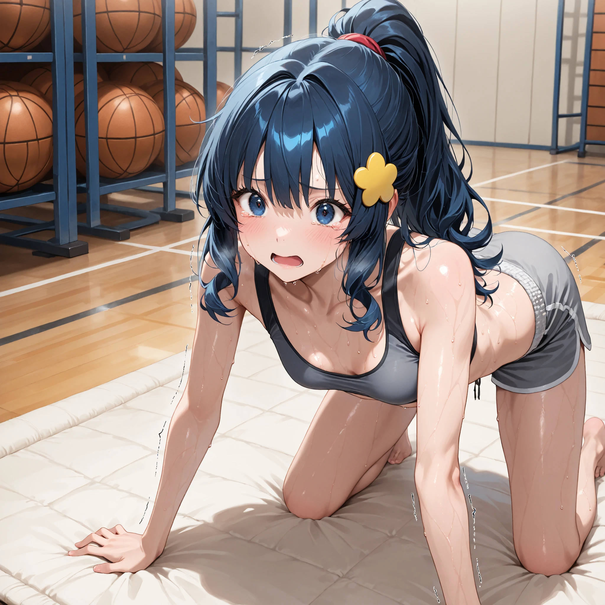 ,pussy grab and spread wide,ARN75W blue one-piece swimsuit ,ahg, rolling eyes, tongue,naughty face, cross-eyed, open mouth, tongue out