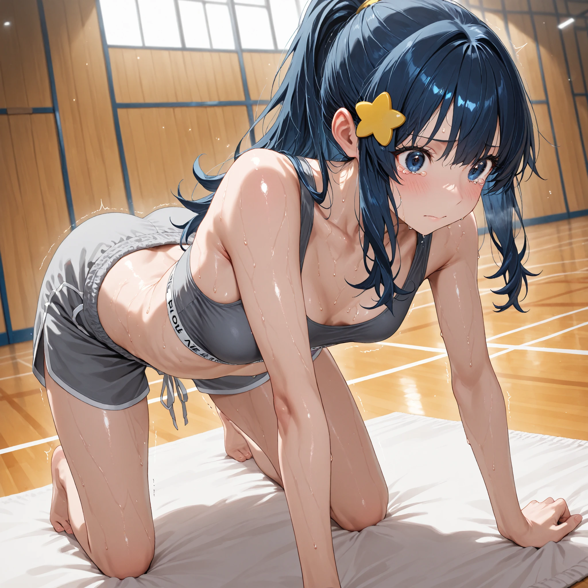 black long hair, blunt bangs,((ong hair,Jet black, Jet black hair: 0.7),(ultra-detailed eyes, beautiful and detailed face, detailed eyes: 0.9), ,((full shot)), , longeyelashes, beautiful hair, beautiful face, beautiful detailed eyes, beautiful clavicle, beautiful body, beautiful chest, beautiful thigh, beautiful legs, beautiful fingers, unity 8k wallpaper, anatomically correct, (((masterpiece))), (((best quality))), (((ultra detailed))), (((high-resolution))), ,Ultra-detailed photography with great depth of field, detailed eyes, ,small breasts,,(masterpiece,best quality,ultra-detailed),1girl,beautiful and detailed face, detailed eyes,looking at viewer, Cute slender high school girl, boxing gym, ,grin、Short tops、Training Gym,tsurime,,Sweat,sexy,, ,,