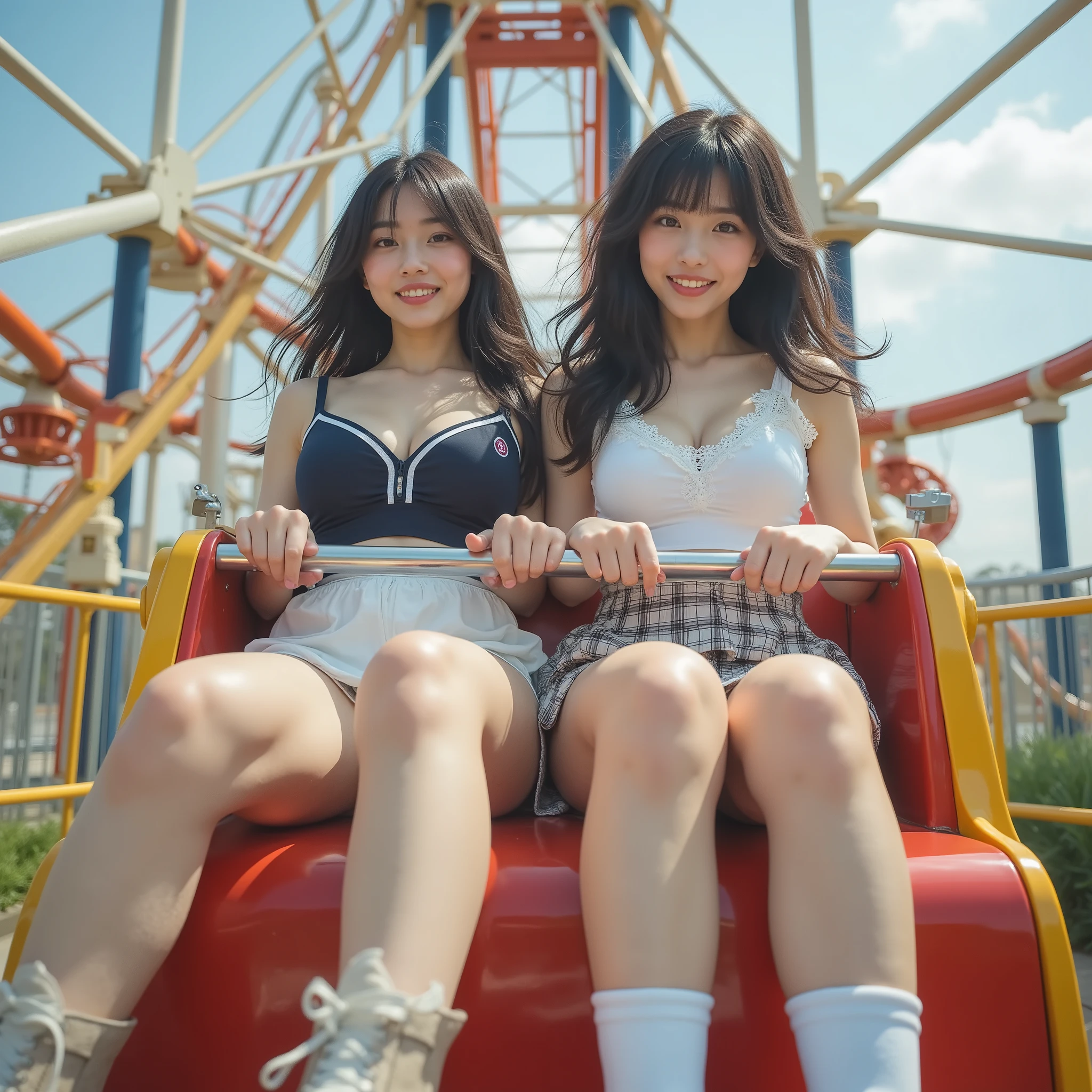 『the mood of the face and hairstyle is different2 Japanese girls in tennis panties:1.9』『real photos:1.3』Highest Quality:1.2、((big breasts))、slender body,I can see a little cleavage、((young 20 year old woman ))、((showing teeth and smiling:1.3))、(((Anatomically Correct、perfect anatomy、Anatomically Correct指)))、visible, Highest Quality, 超high resolution, RAW photo, (constricted body)、full body,idol-like appearance and smile ,Highest Quality、high resolution、(high resolution:1.4)、masterpiece、detailed background、visibleな、 Original photo 、(Two girls are riding a roller coaster at an amusement park:1.5)、they have a nervous expression、or they hold the safety bar firmly、they show an uneasy expression every time they climb the rails, unexpectedly unfolding 、with surprised expressions and expressions of fear when rapidly descending、they hold on to the arms of their neighbors。at the mercy of speed and gravity、A moment of excitement where surprise and excitement cross paths、 shirt blouse with cute frills and lace、 extended skirt seen from below、loafers、 knit 、plaid skirt、 Short Boots、they curl their hair fluffily、half up for a girly vibe、cute,live-action,Original photo,The safety bar is in front of the stomach,holding the safety bar firmly with both hands,