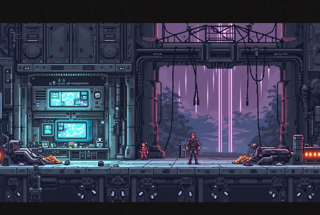 metroidvania, robot, close-up, cyberpunk, sidescroller, (work of art, best qualityer:1.2), pixel art,terrestrial space, futuristic snow scenery