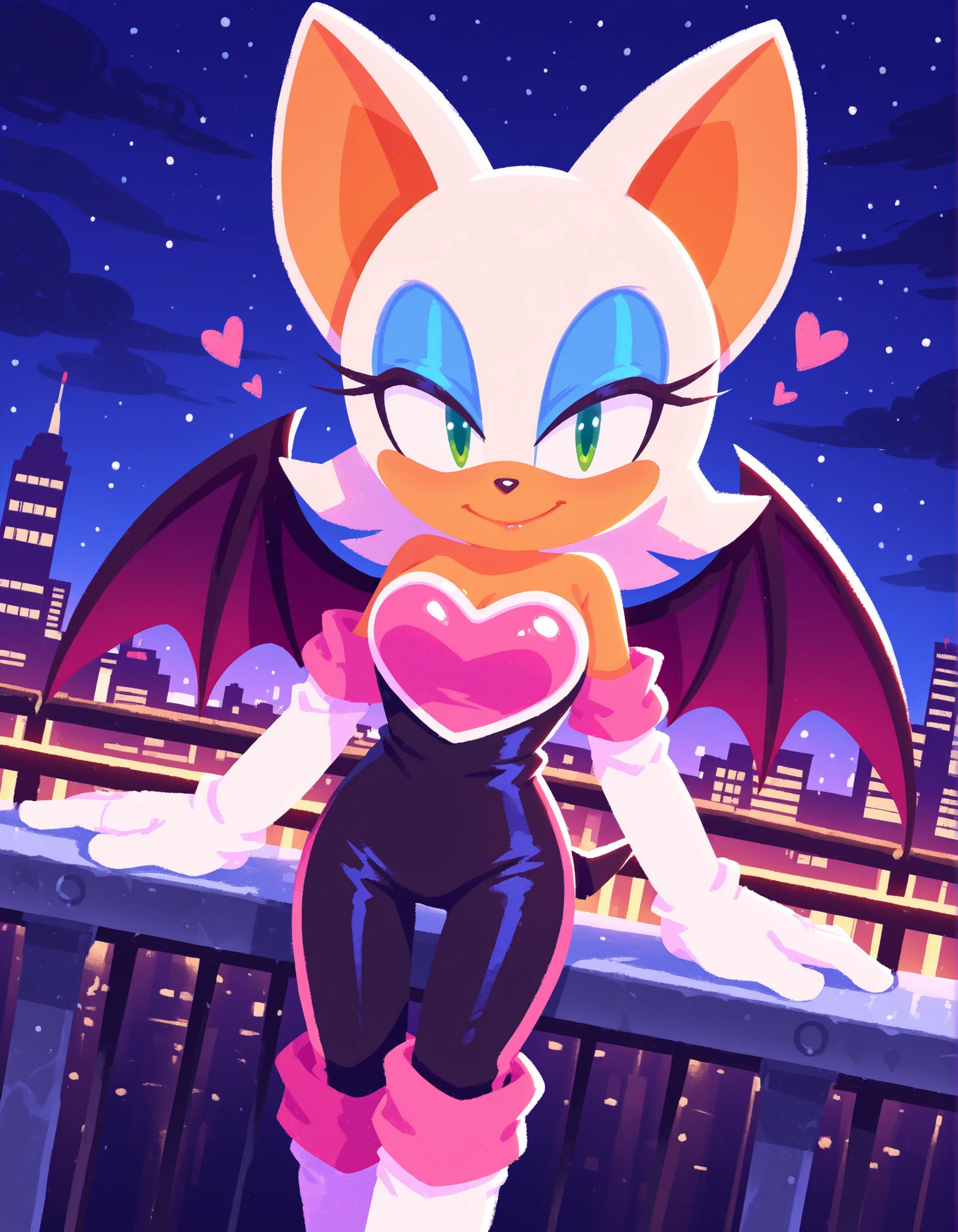 no lineart, pencilsc, sonic (series),, solo, rougethebat, 
rouge, animal ears, bat ears, bat girl, bat tail, bat wings, eyeliner, furry, furry female, green eyes, makeup, tail, white hair, wings, eyeshadow,
bare shoulders, boots, elbow gloves, gloves, heart, knee boots, white footwear, white gloves,
outdoors, cityscape, night, smile,
looking at viewer, cowboy shot, dutch angle, 