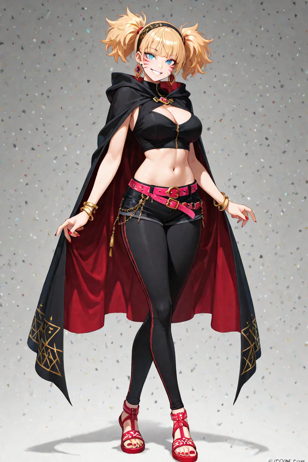 fashionable rpg Rogue cat girl with sexy dark witch dress. Fantasy style outfit. Black leather. Witchcore. Low v cut with slit on the side showing her thigh with a strap that holds daggers. Wearing a cloak with hood slightly covering face. Mischievous smile showing slightly pointed feline teeth. Hispanic. Realistic style.